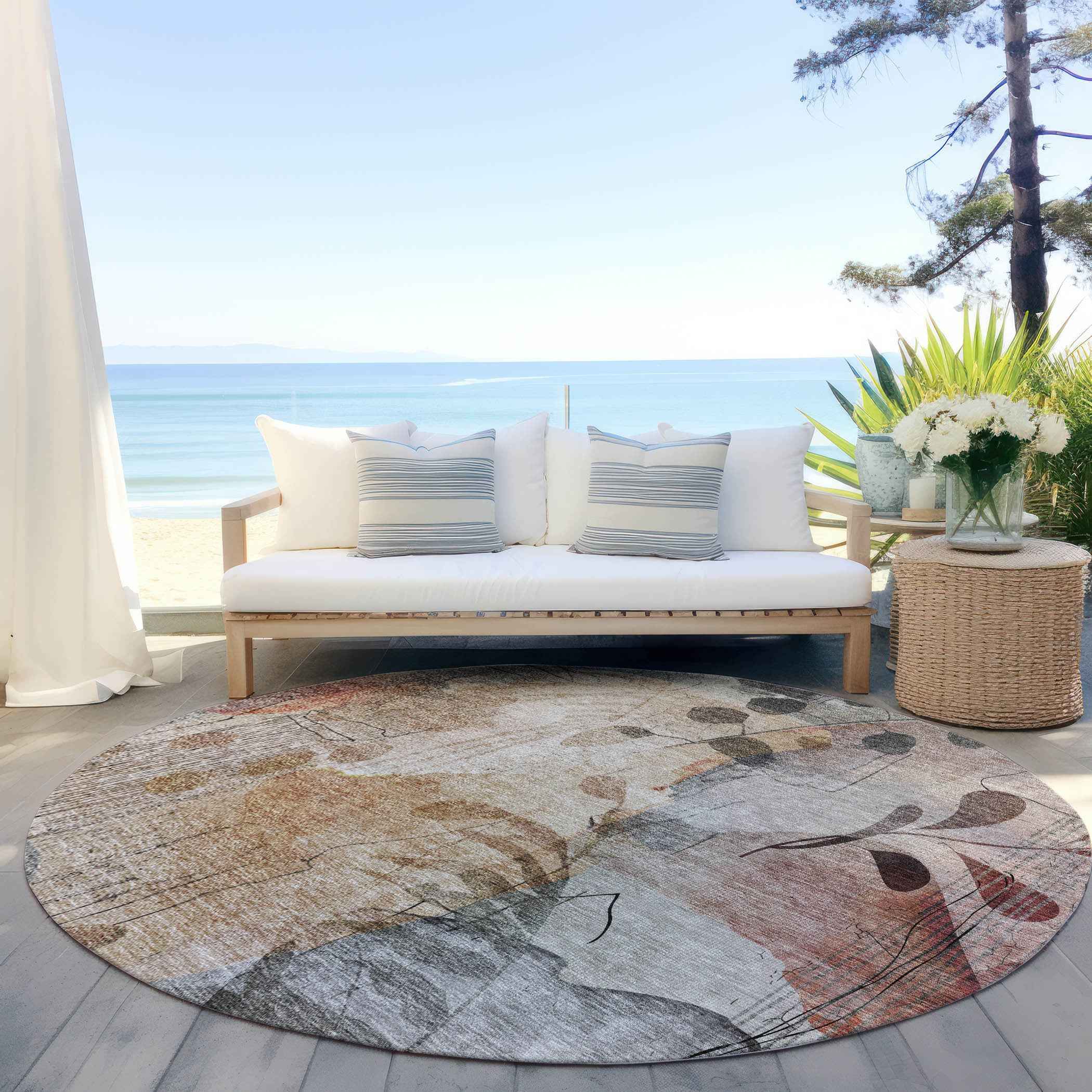 8' Terra Cotta Copper And Beige Round Floral Washable Indoor Outdoor Area Rug