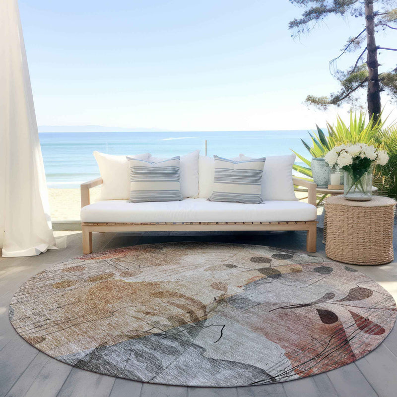 8' Terra Cotta Copper And Beige Round Floral Washable Indoor Outdoor Area Rug