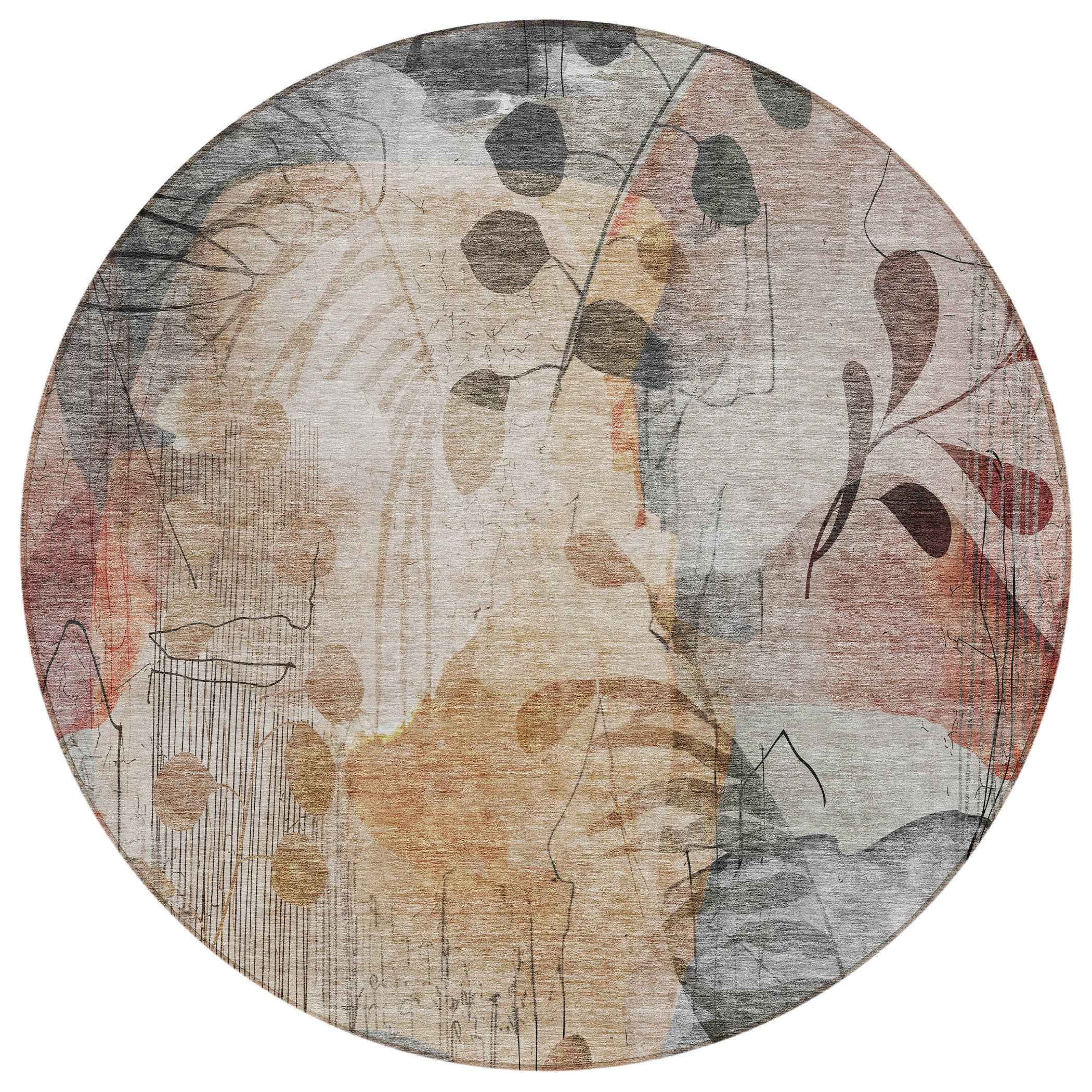 8' Terra Cotta Copper And Beige Round Floral Washable Indoor Outdoor Area Rug