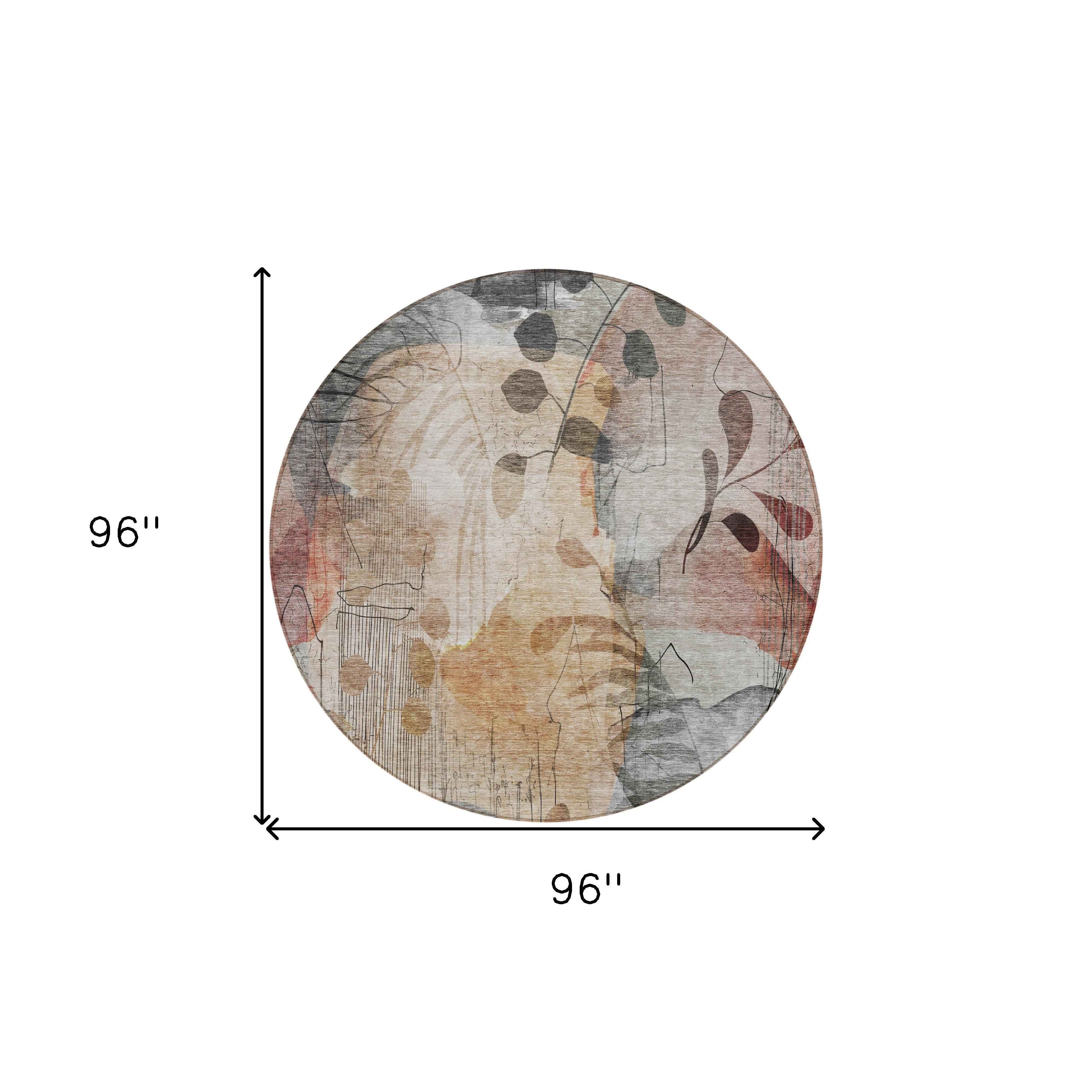 8' Terra Cotta Copper And Beige Round Floral Washable Indoor Outdoor Area Rug