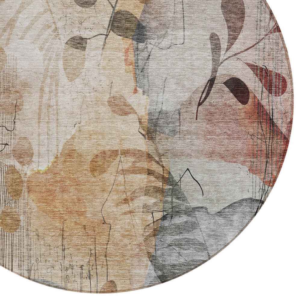 8' Terra Cotta Copper And Beige Round Floral Washable Indoor Outdoor Area Rug