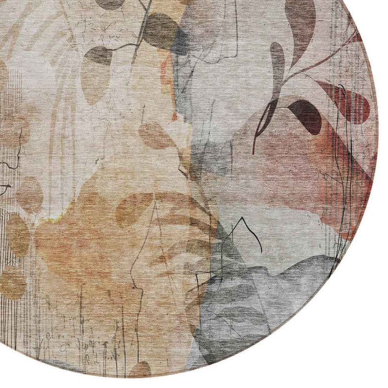 8' Terra Cotta Copper And Beige Round Floral Washable Indoor Outdoor Area Rug