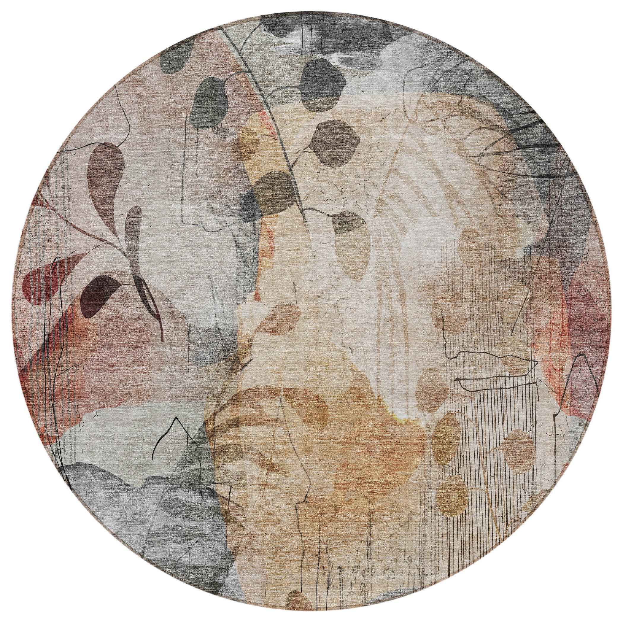 8' Terra Cotta Copper And Beige Round Floral Washable Indoor Outdoor Area Rug