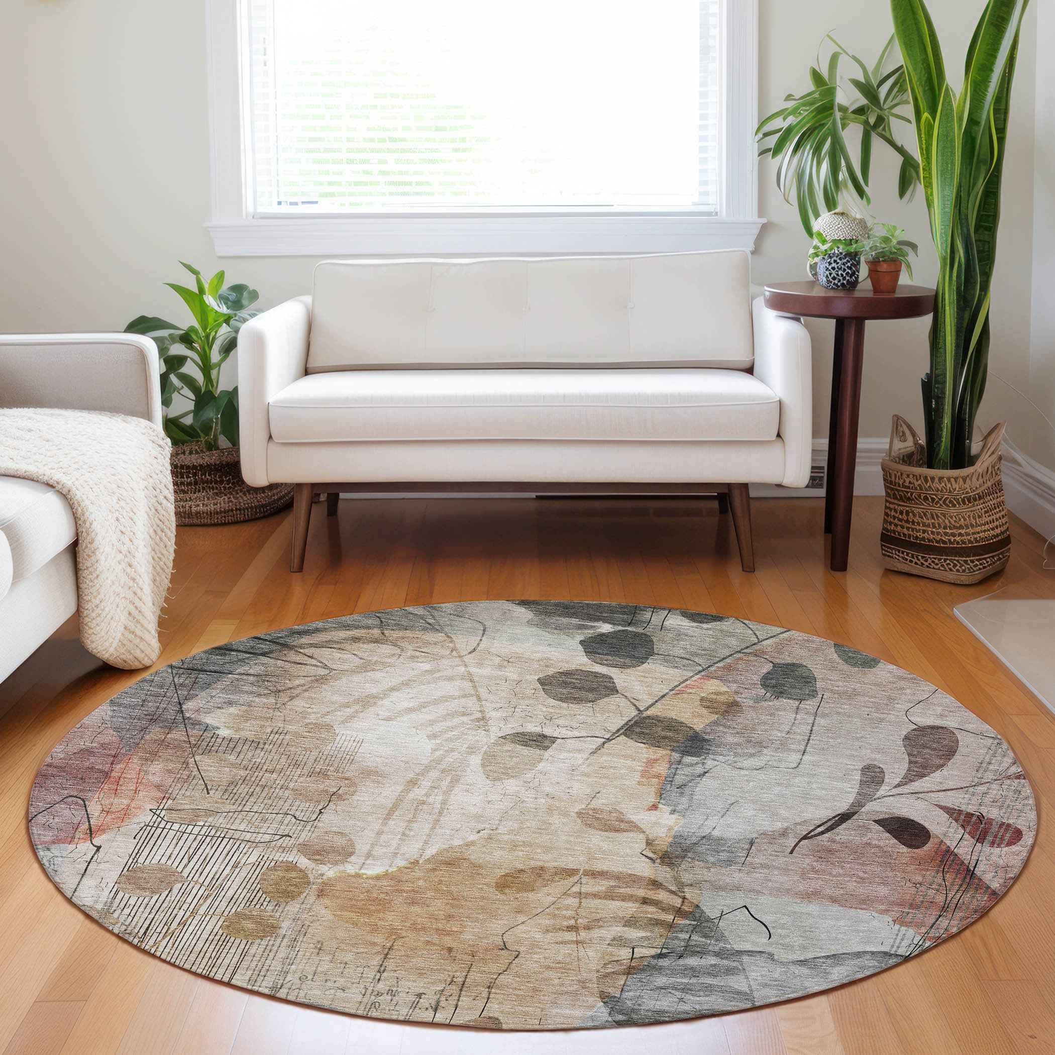 8' Terra Cotta Copper And Beige Round Floral Washable Indoor Outdoor Area Rug