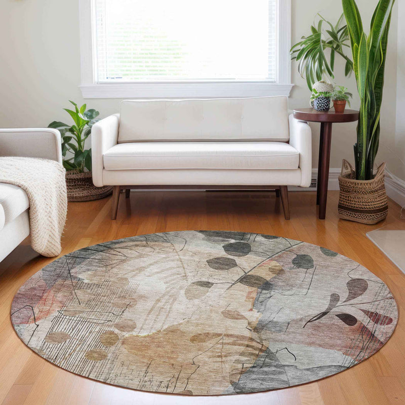 8' Terra Cotta Copper And Beige Round Floral Washable Indoor Outdoor Area Rug