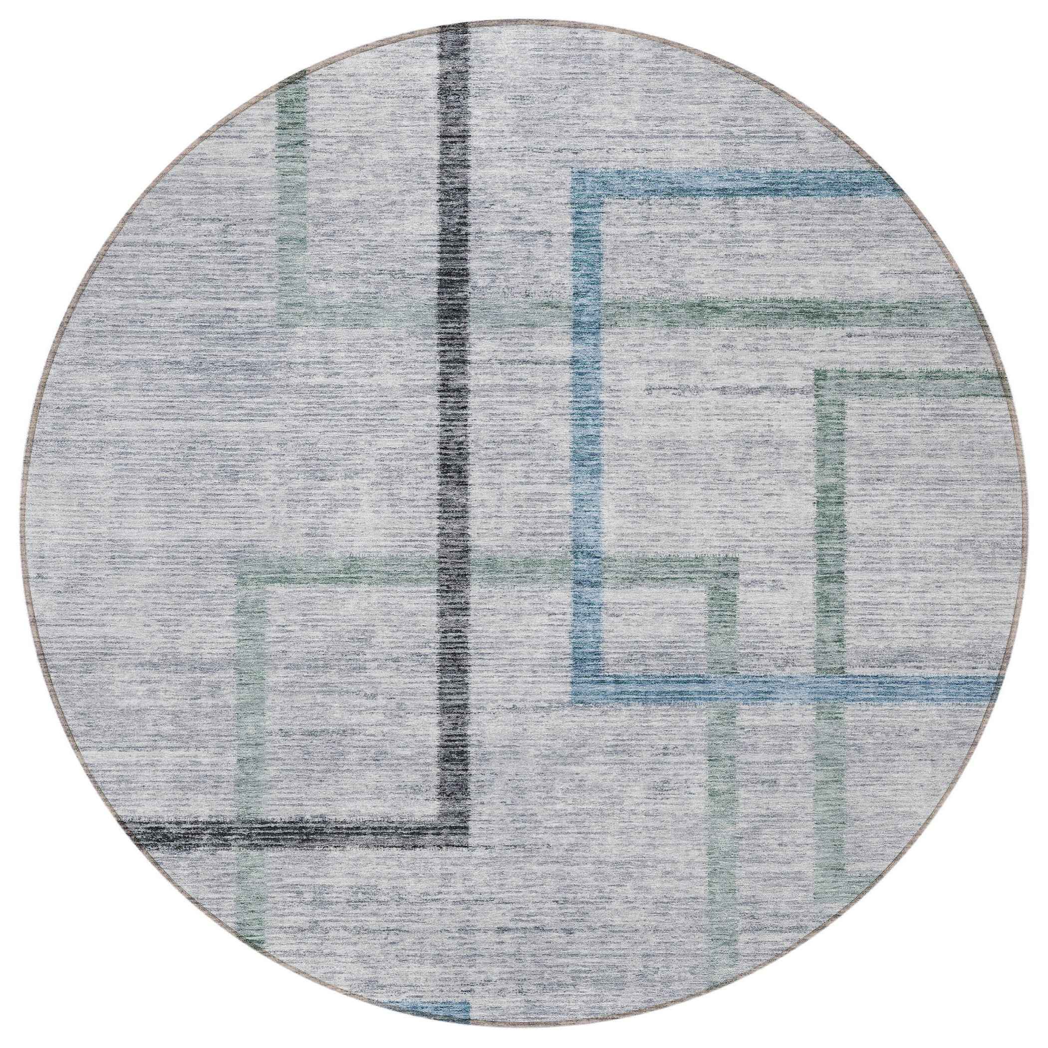 8' Gray Charcoal And Blue Round Geometric Washable Indoor Outdoor Area Rug