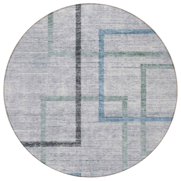 8' Gray Charcoal And Blue Round Geometric Washable Indoor Outdoor Area Rug