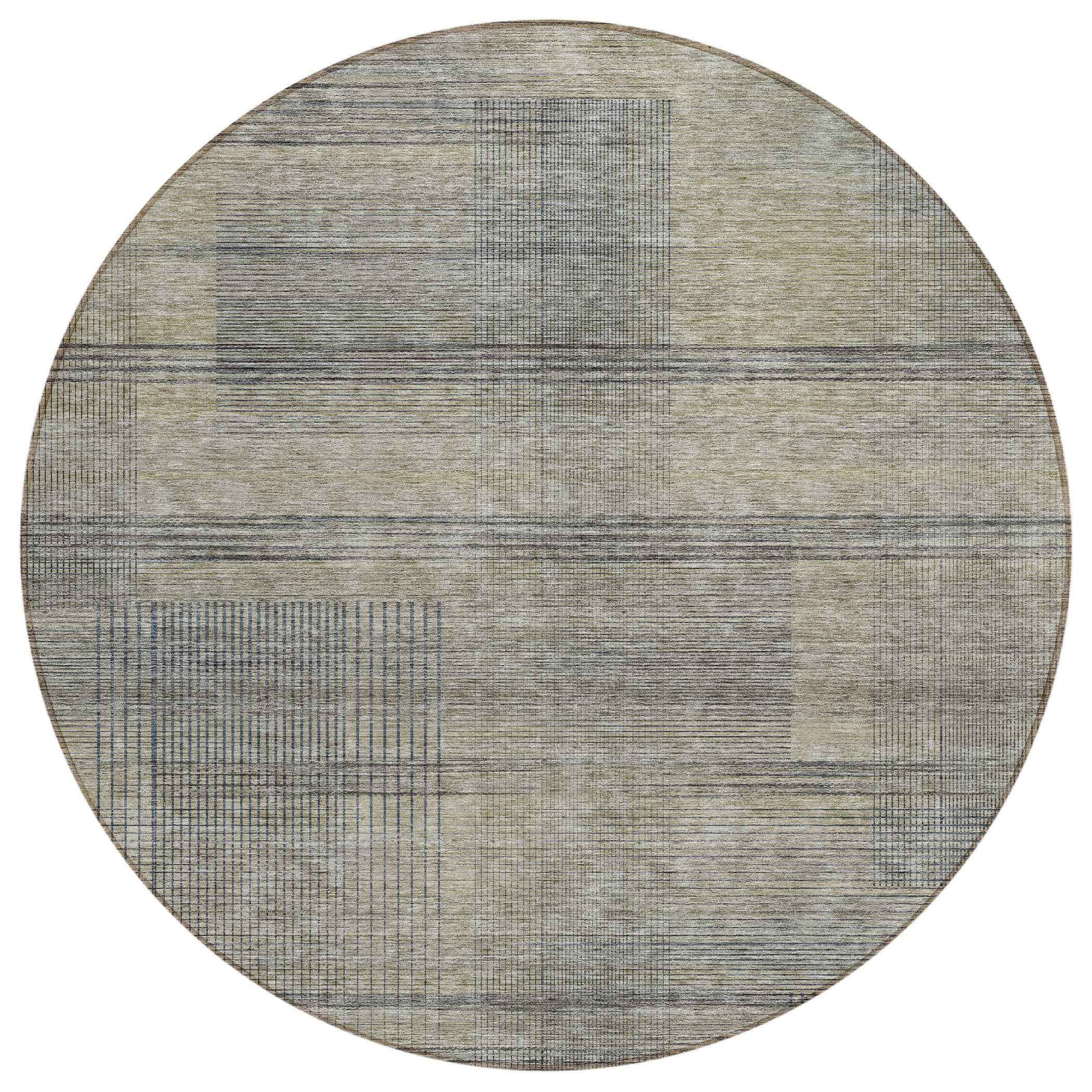 8' Khaki Beige And Gray Round Striped Washable Indoor Outdoor Area Rug