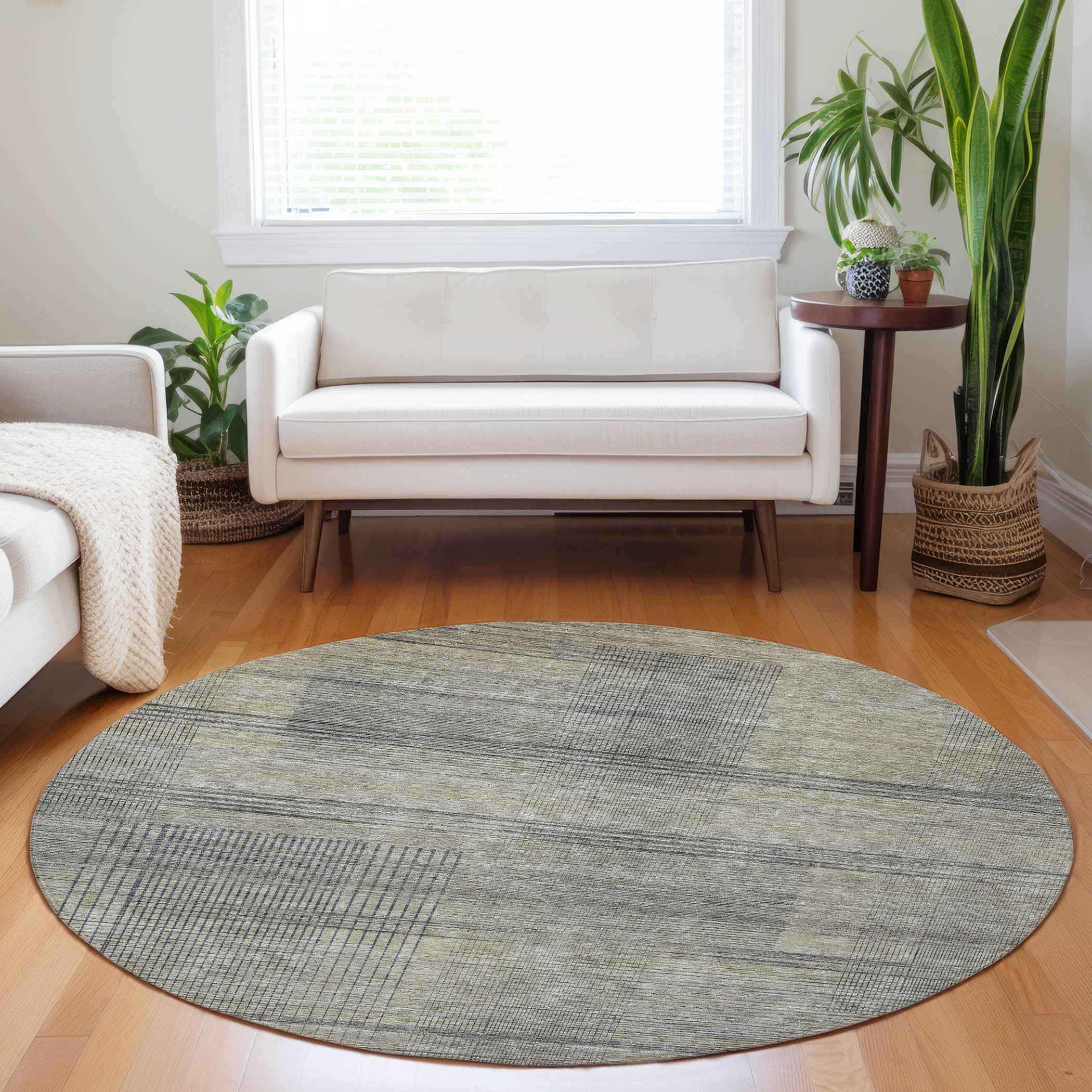 8' Khaki Beige And Gray Round Striped Washable Indoor Outdoor Area Rug