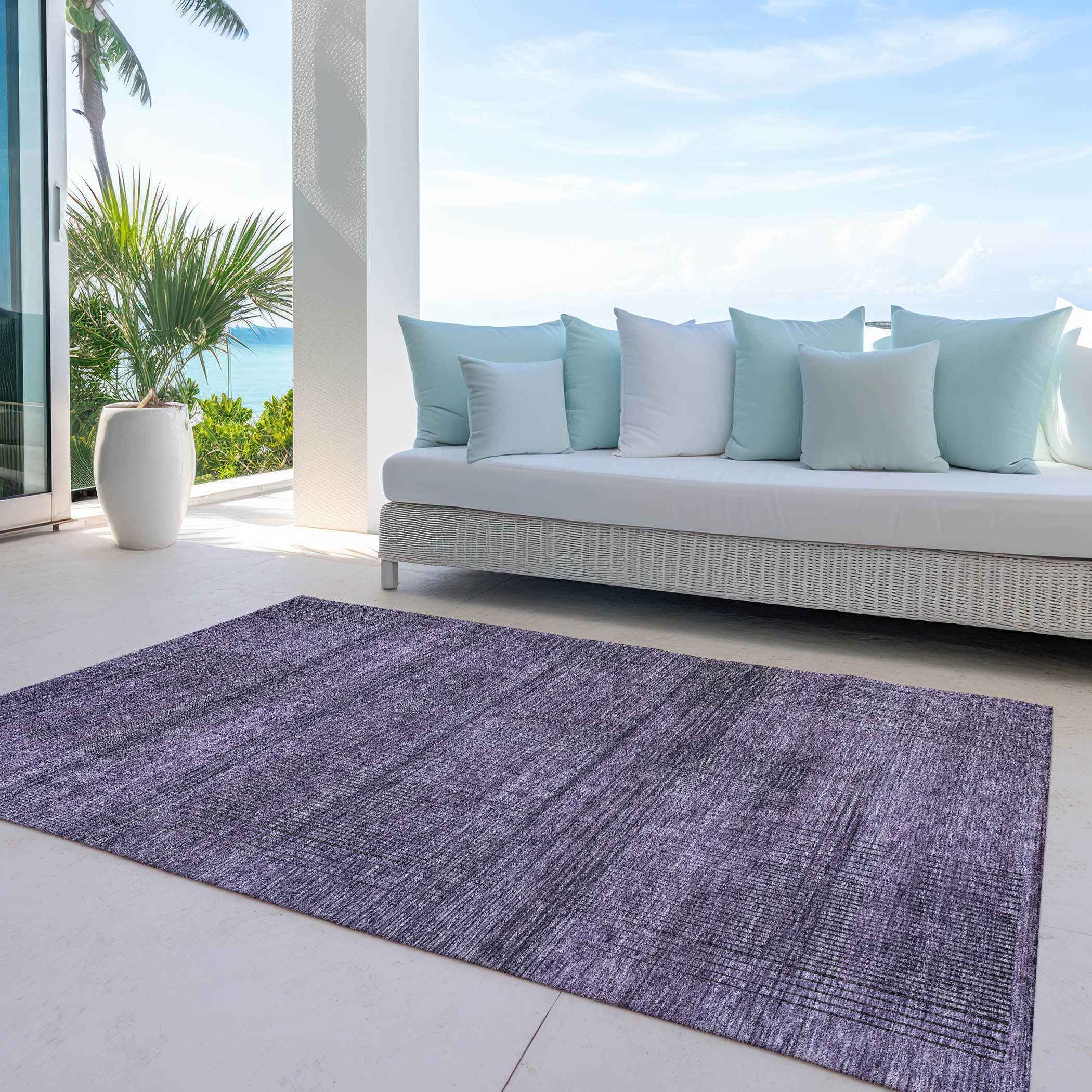 5' X 8' Plum Purple And Gray Striped Washable Indoor Outdoor Area Rug