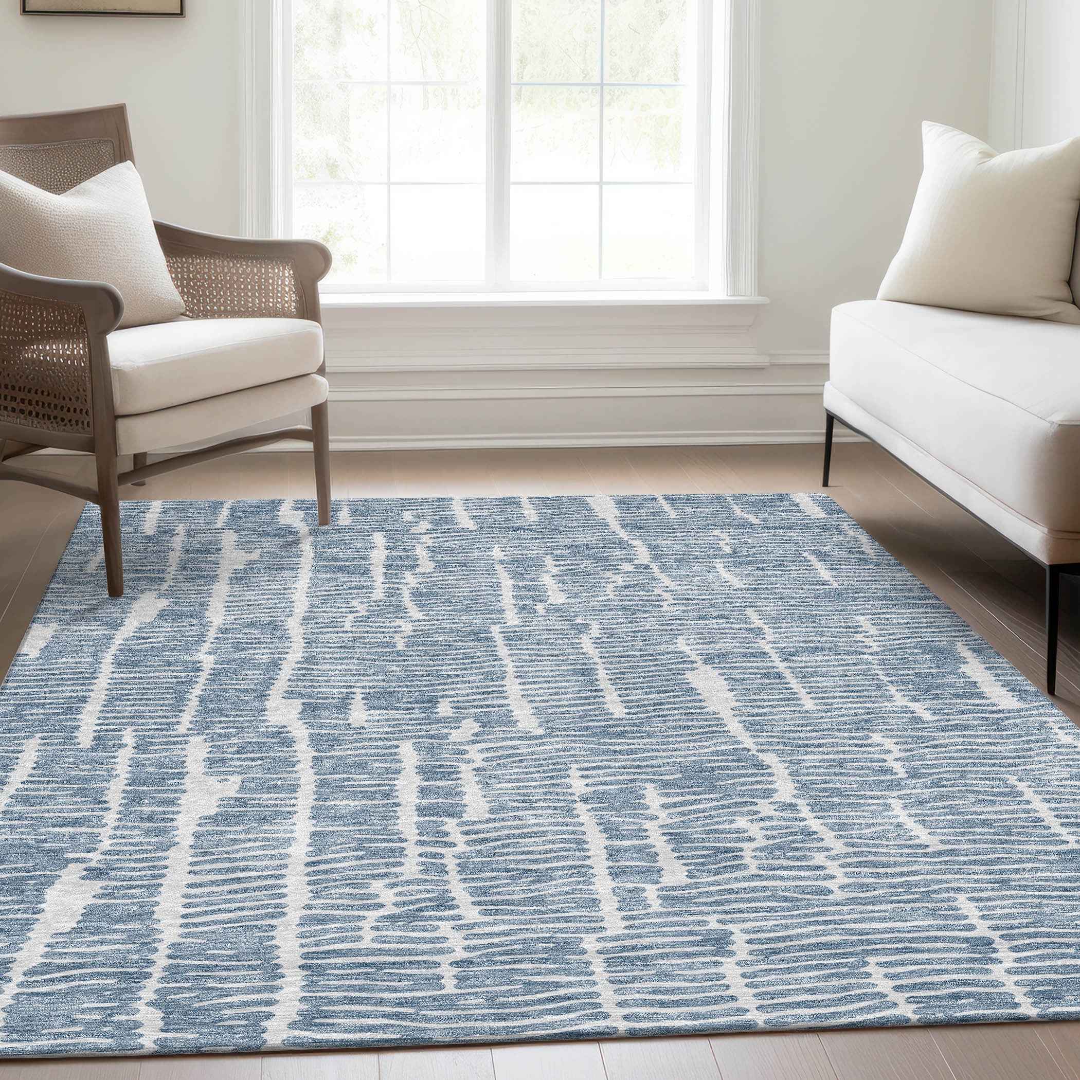 8' X 10' Blue And Ivory Abstract Washable Indoor Outdoor Area Rug