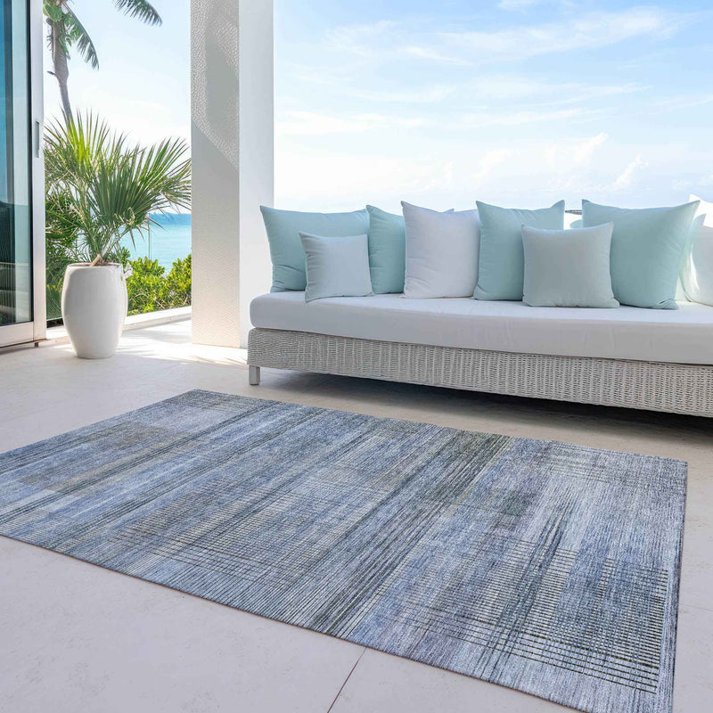 10' X 14' Denim Blue And Sky Blue Striped Washable Indoor Outdoor Area Rug