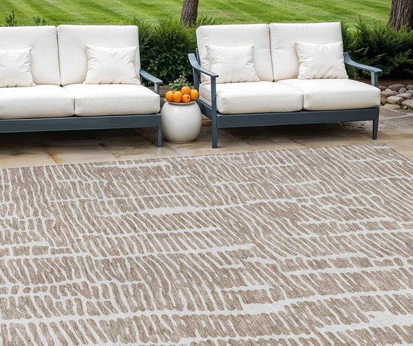 9' X 12' Brown And Ivory Abstract Washable Indoor Outdoor Area Rug