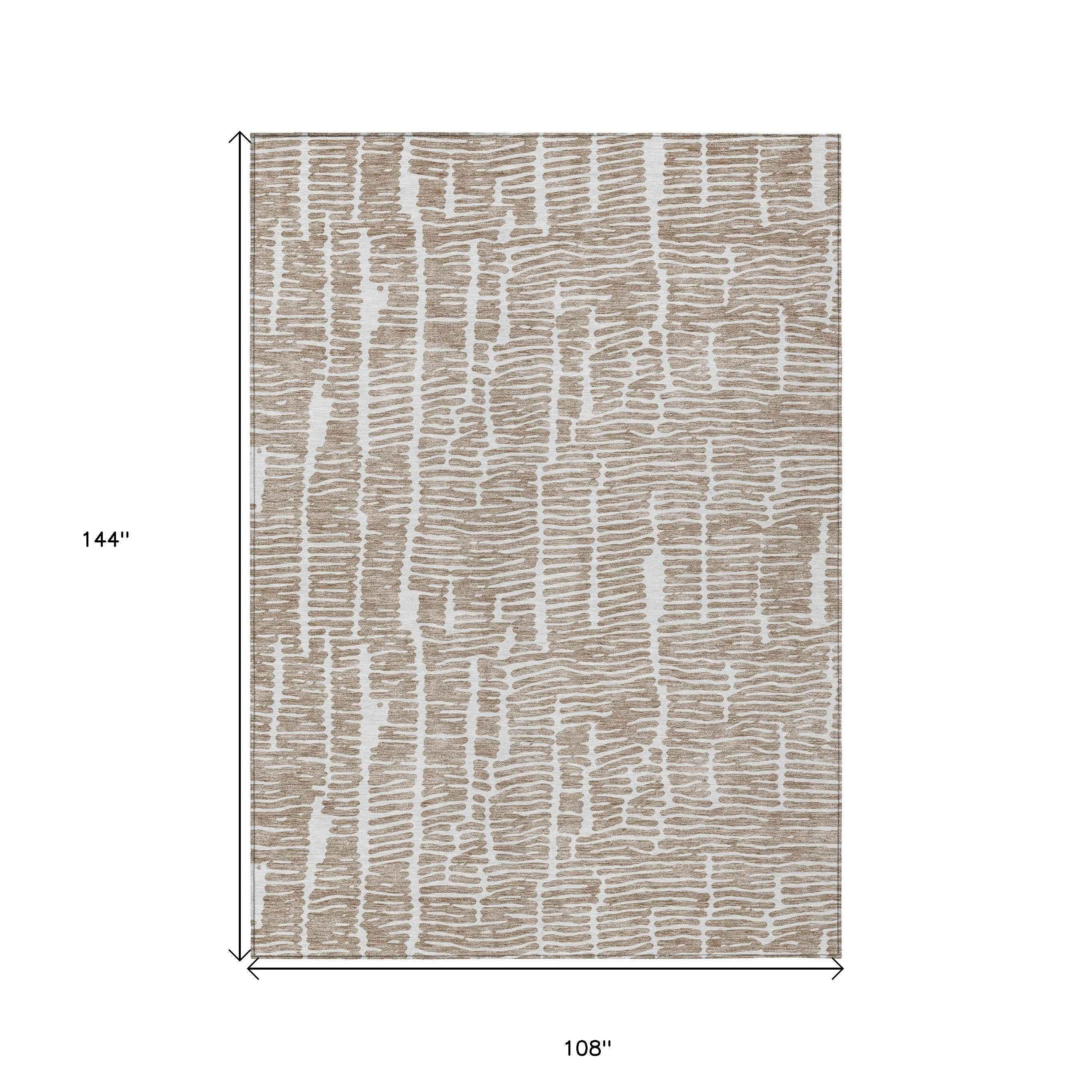9' X 12' Brown And Ivory Abstract Washable Indoor Outdoor Area Rug