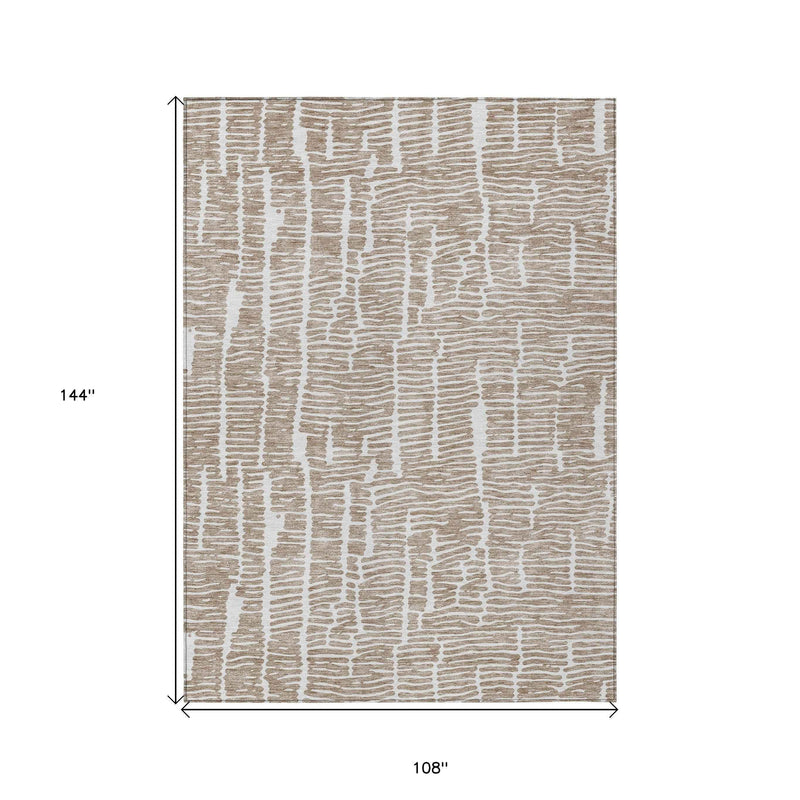 9' X 12' Brown And Ivory Abstract Washable Indoor Outdoor Area Rug