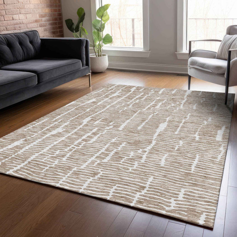 9' X 12' Brown And Ivory Abstract Washable Indoor Outdoor Area Rug