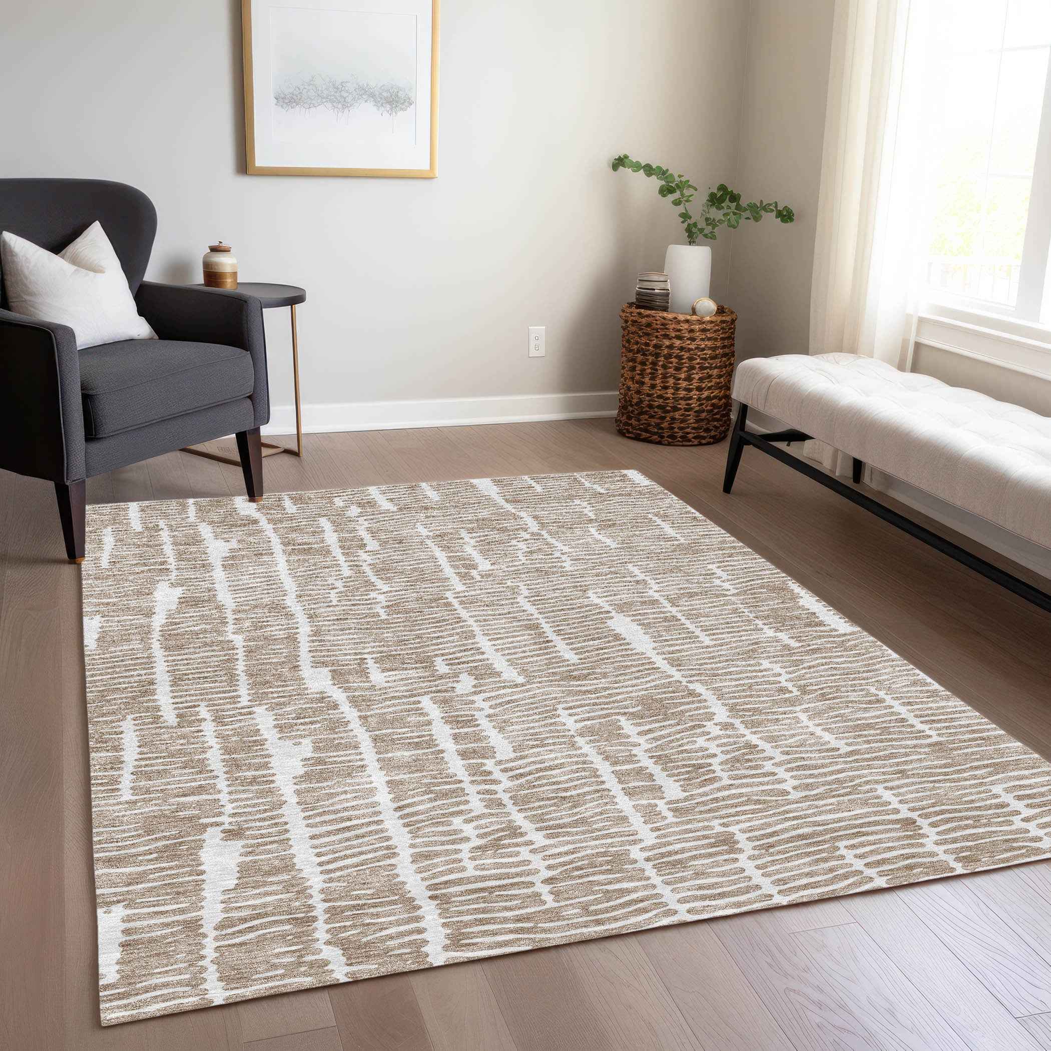 9' X 12' Brown And Ivory Abstract Washable Indoor Outdoor Area Rug