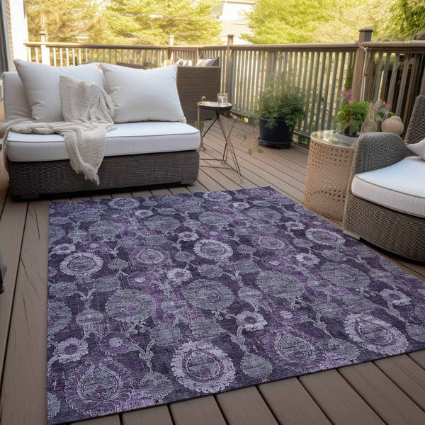 5' X 8' Eggplant Purple And Lavender Damask Washable Indoor Outdoor Area Rug