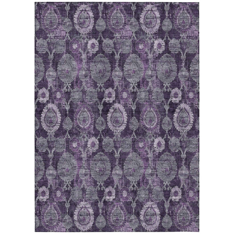 5' X 8' Eggplant Purple And Lavender Damask Washable Indoor Outdoor Area Rug
