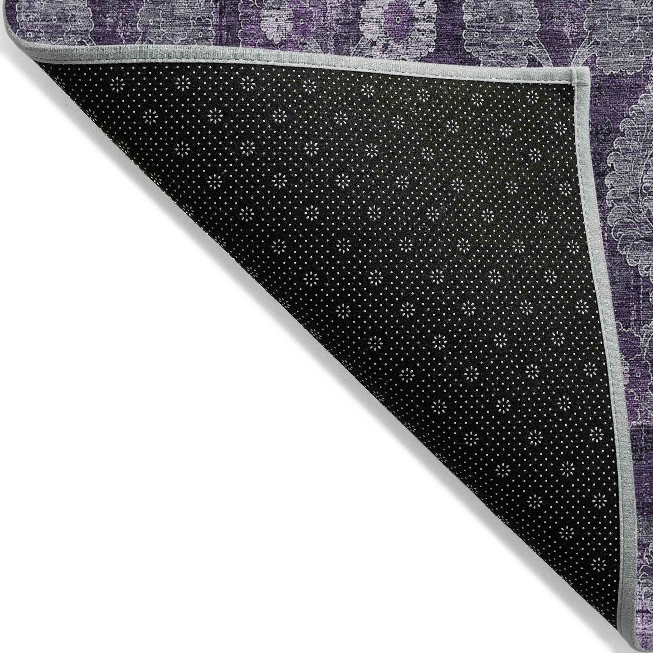 5' X 8' Eggplant Purple And Lavender Damask Washable Indoor Outdoor Area Rug