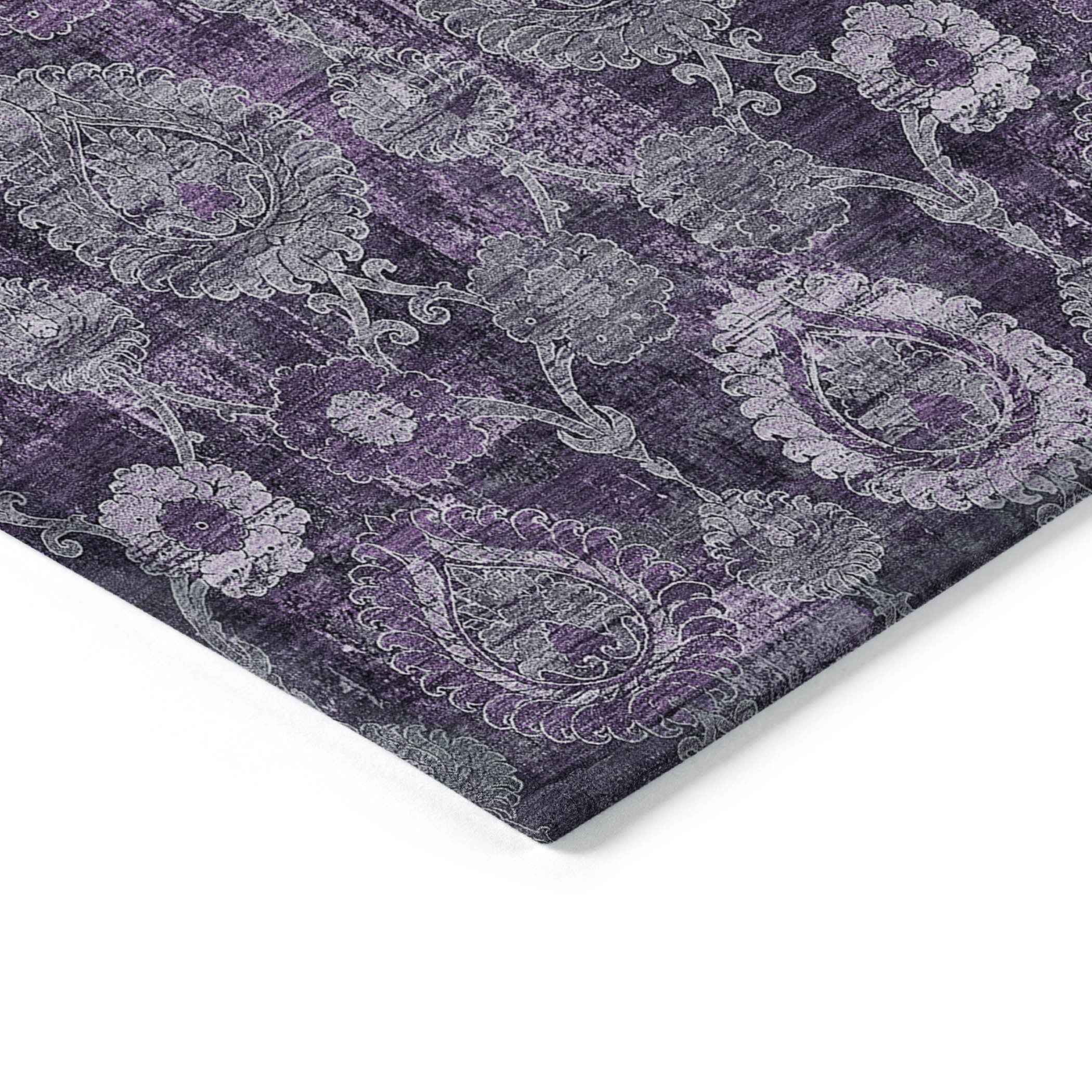 5' X 8' Eggplant Purple And Lavender Damask Washable Indoor Outdoor Area Rug