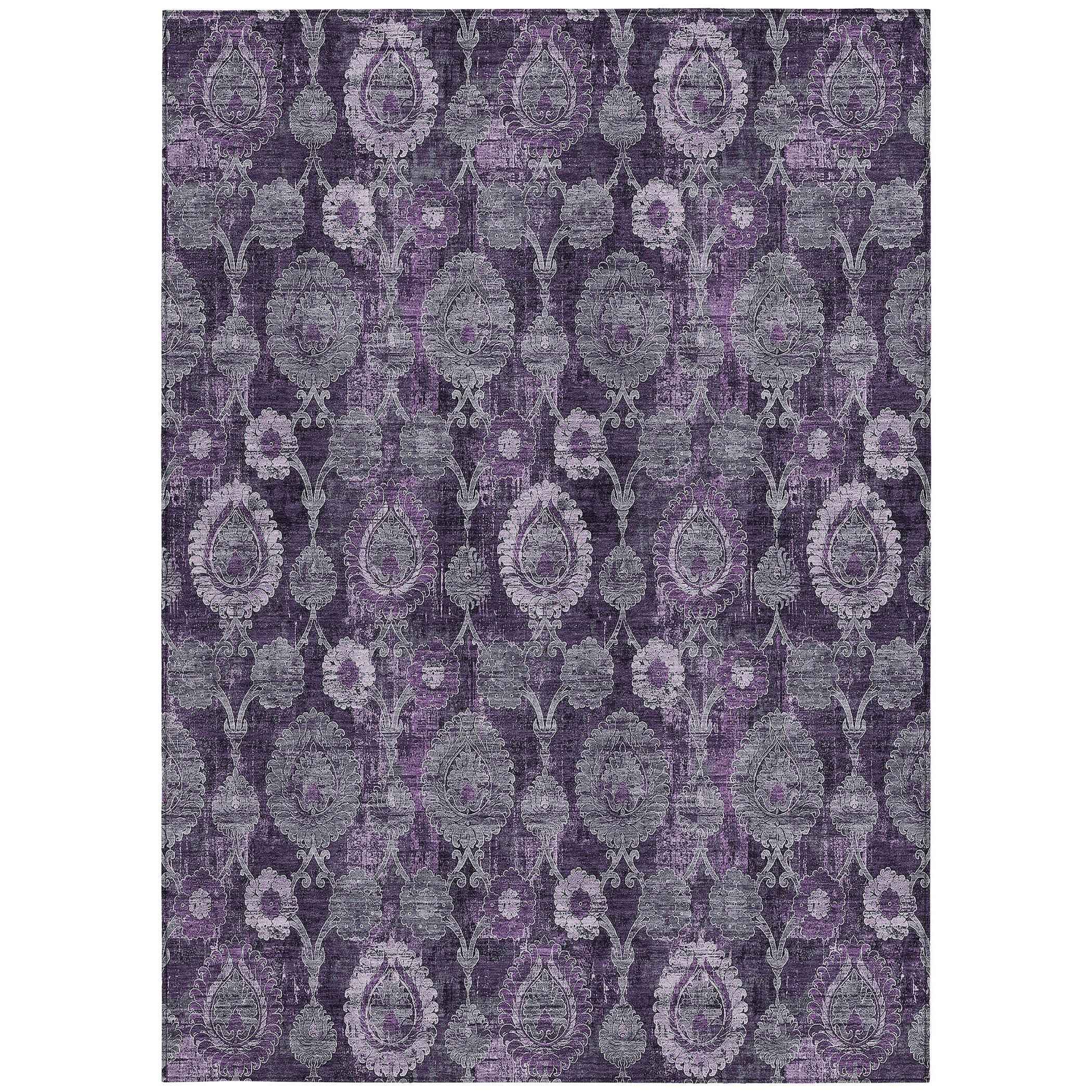 5' X 8' Eggplant Purple And Lavender Damask Washable Indoor Outdoor Area Rug