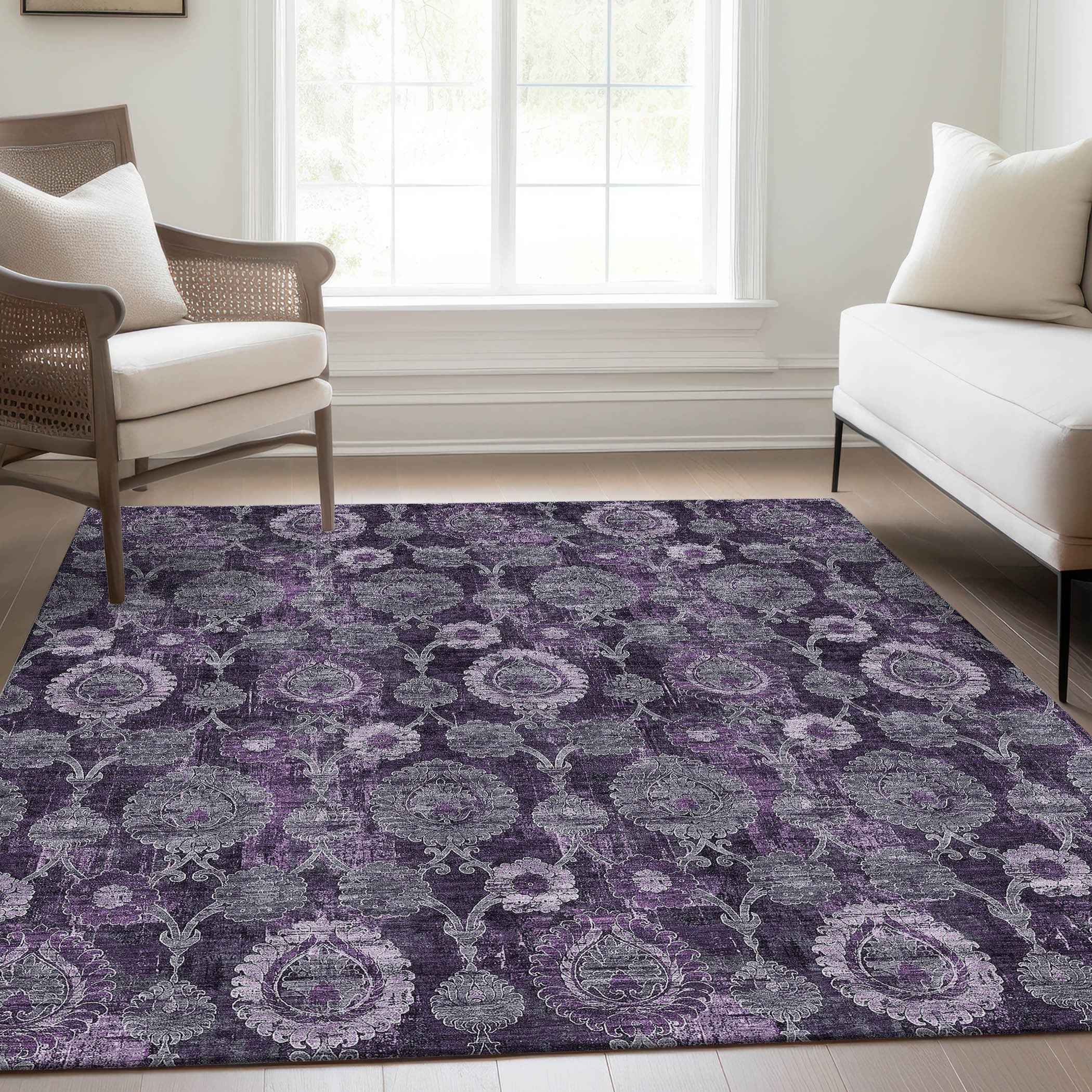 5' X 8' Eggplant Purple And Lavender Damask Washable Indoor Outdoor Area Rug
