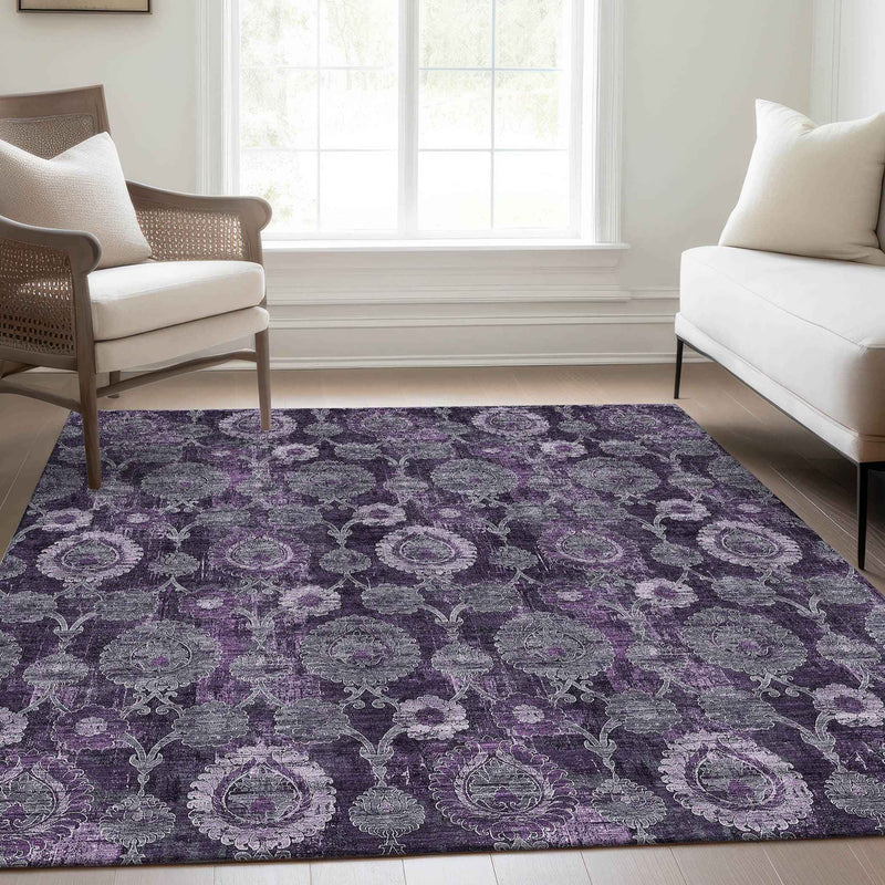 5' X 8' Eggplant Purple And Lavender Damask Washable Indoor Outdoor Area Rug
