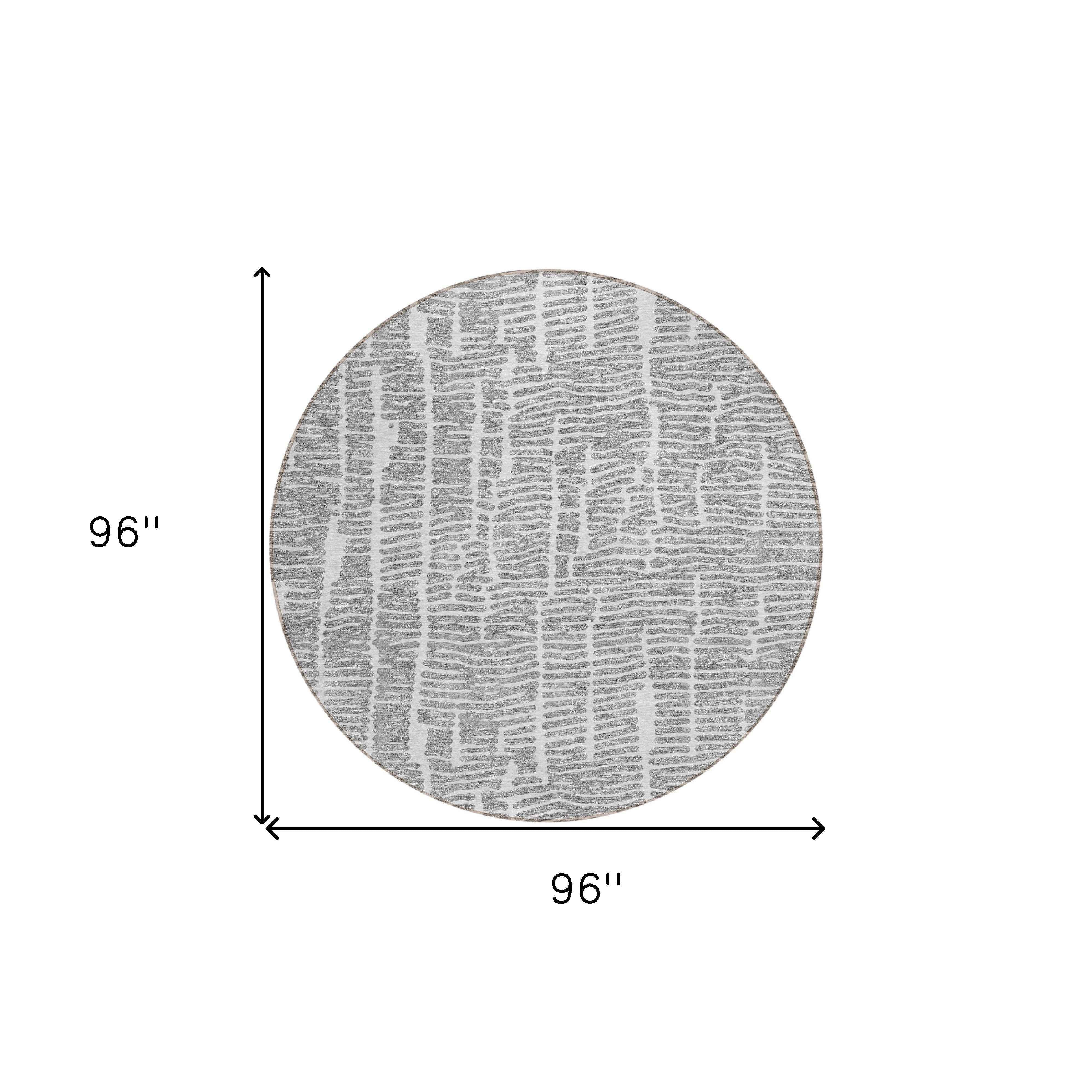 8' Gray And Ivory Round Abstract Washable Indoor Outdoor Area Rug