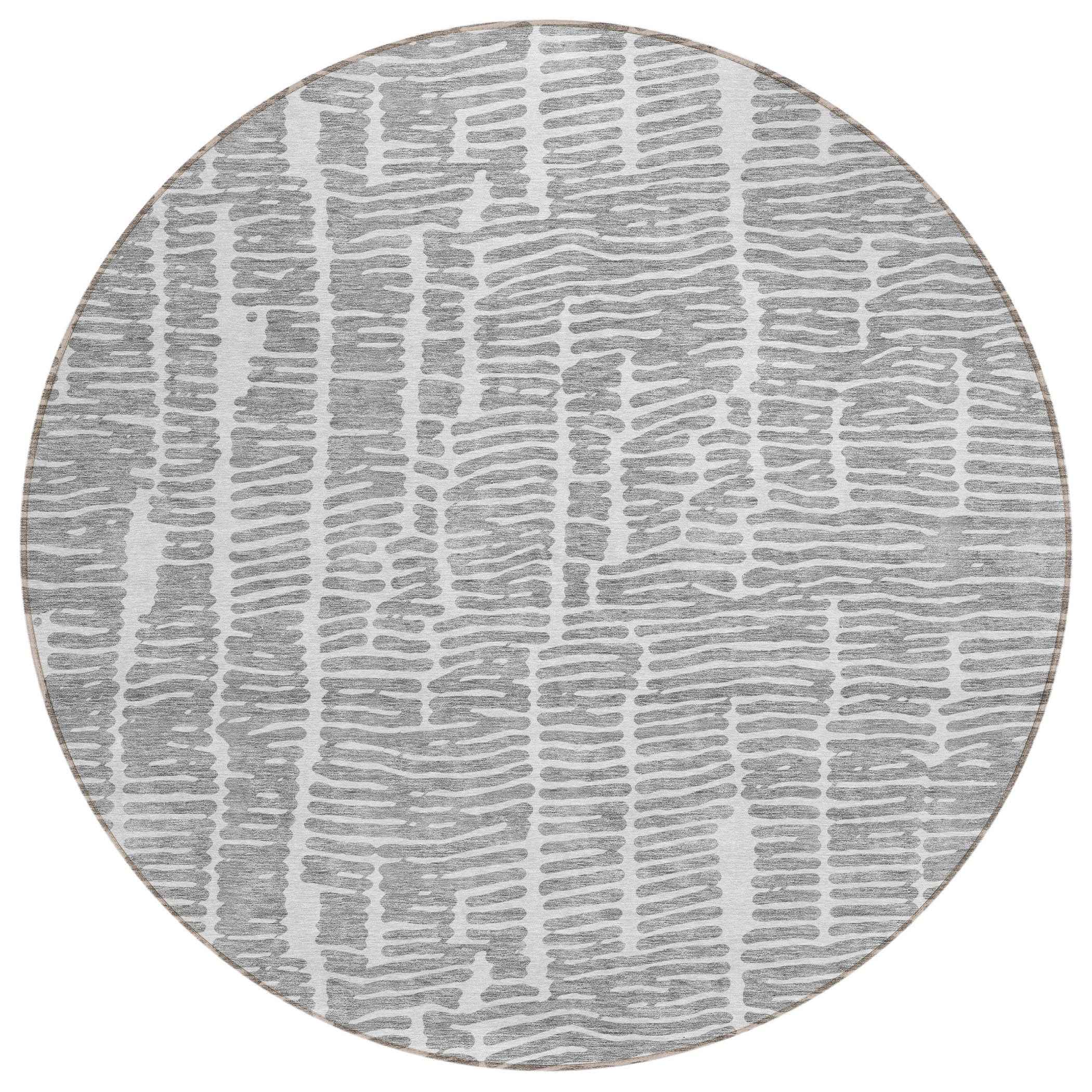 8' Gray And Ivory Round Abstract Washable Indoor Outdoor Area Rug