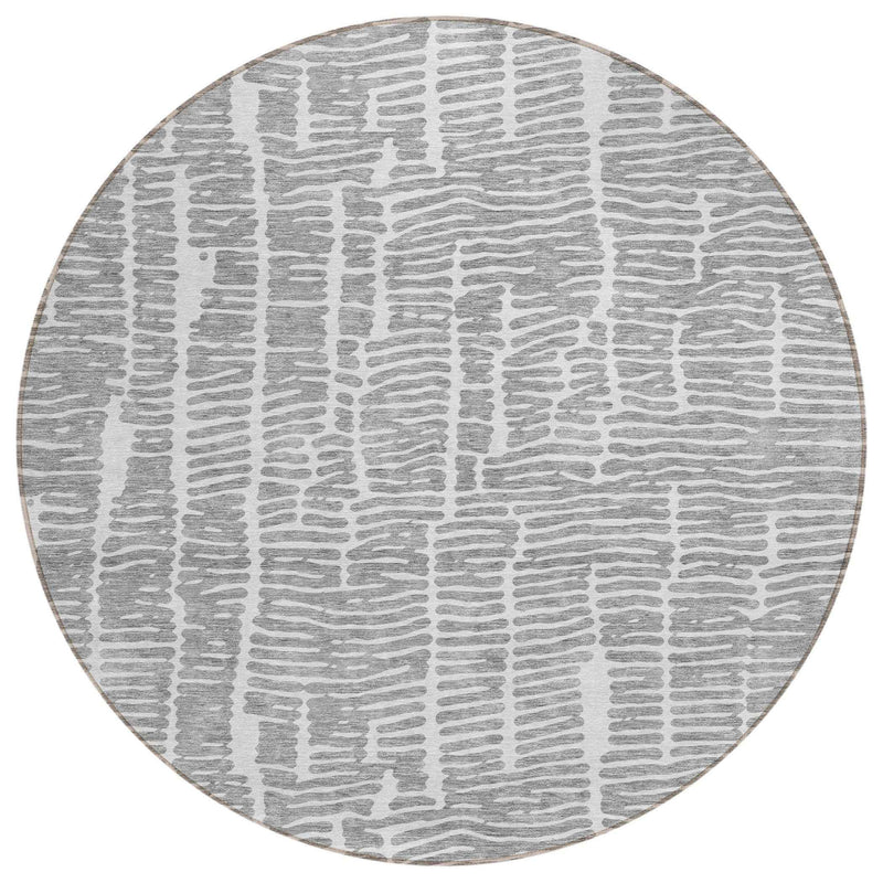 8' Gray And Ivory Round Abstract Washable Indoor Outdoor Area Rug