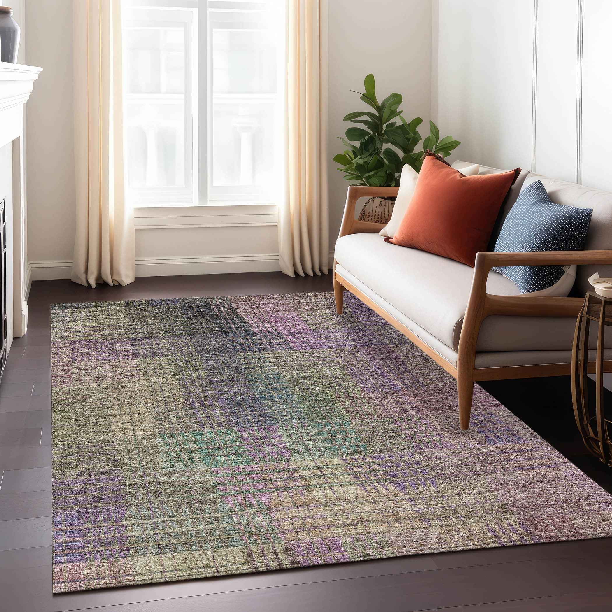 8' X 10' Plum Olive Green And Lavender Abstract Washable Indoor Outdoor Area Rug