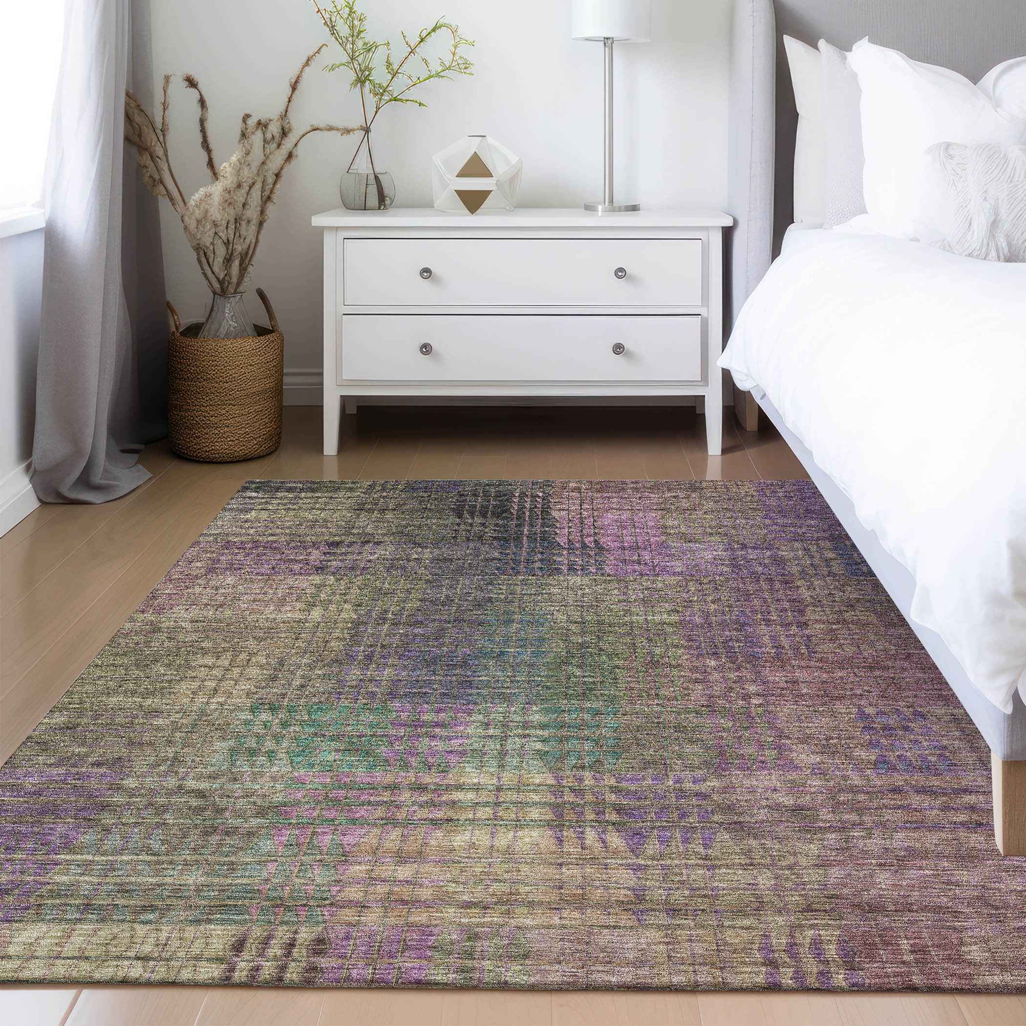 8' X 10' Plum Olive Green And Lavender Abstract Washable Indoor Outdoor Area Rug