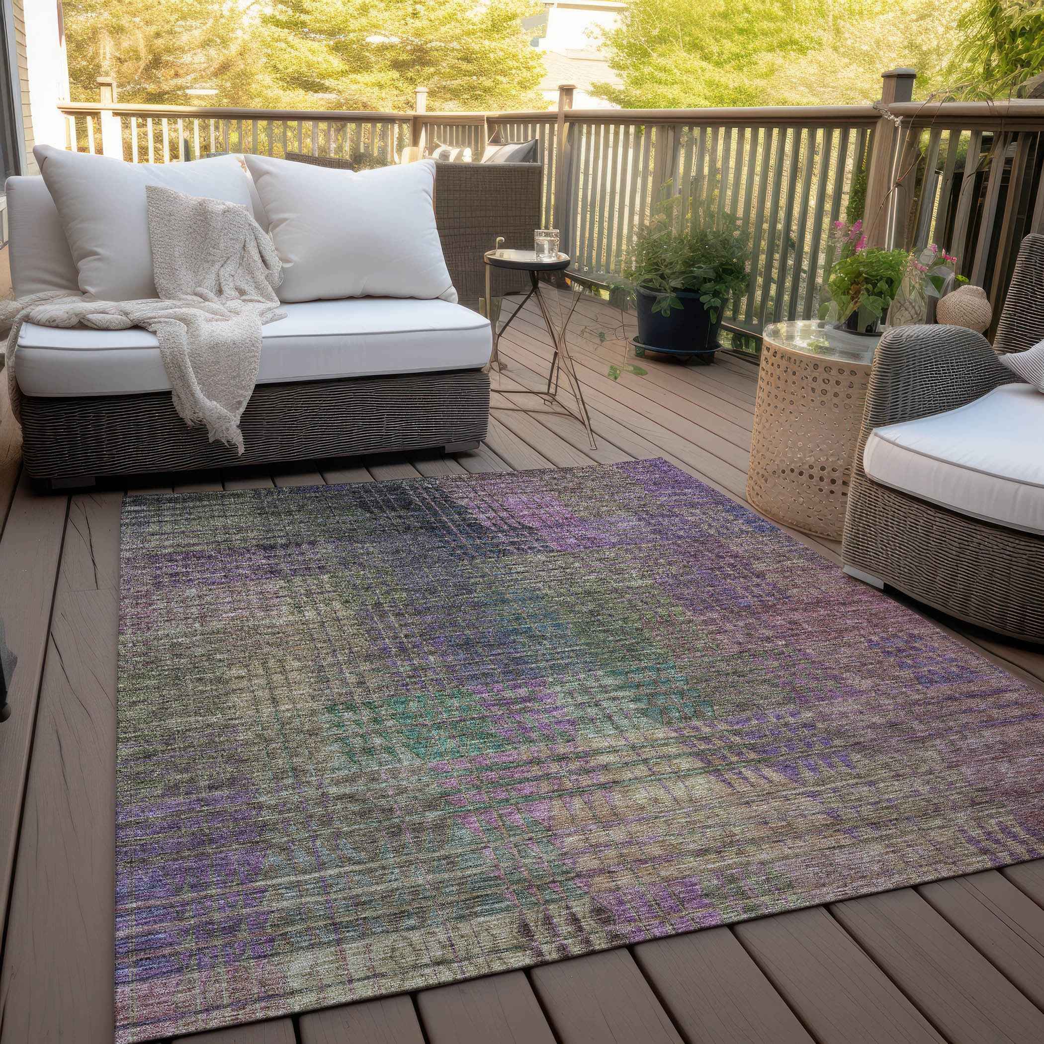 8' X 10' Plum Olive Green And Lavender Abstract Washable Indoor Outdoor Area Rug