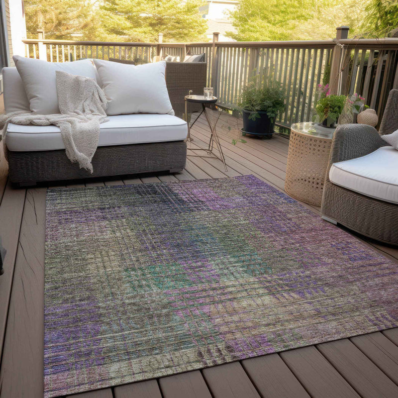 8' X 10' Plum Olive Green And Lavender Abstract Washable Indoor Outdoor Area Rug