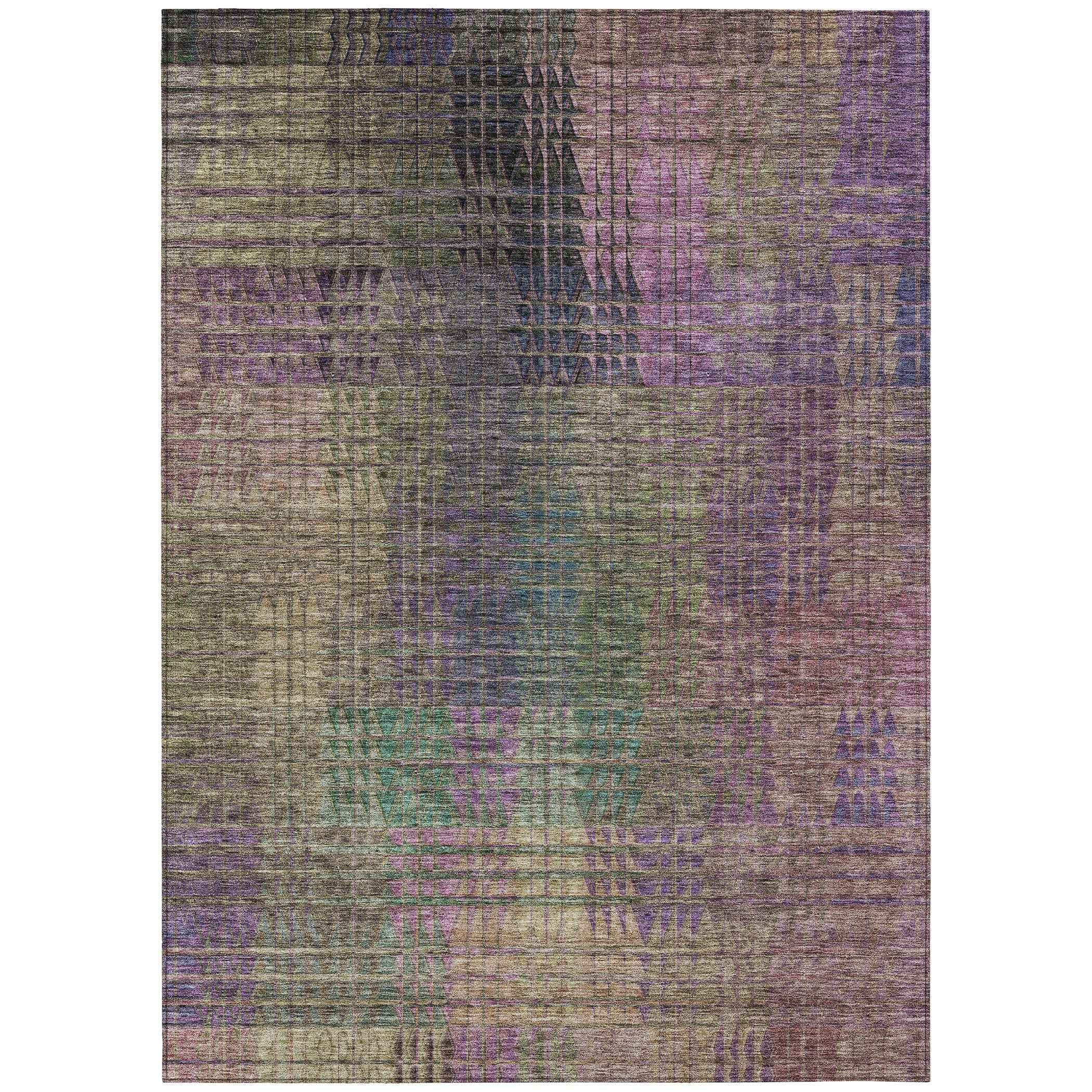 8' X 10' Plum Olive Green And Lavender Abstract Washable Indoor Outdoor Area Rug