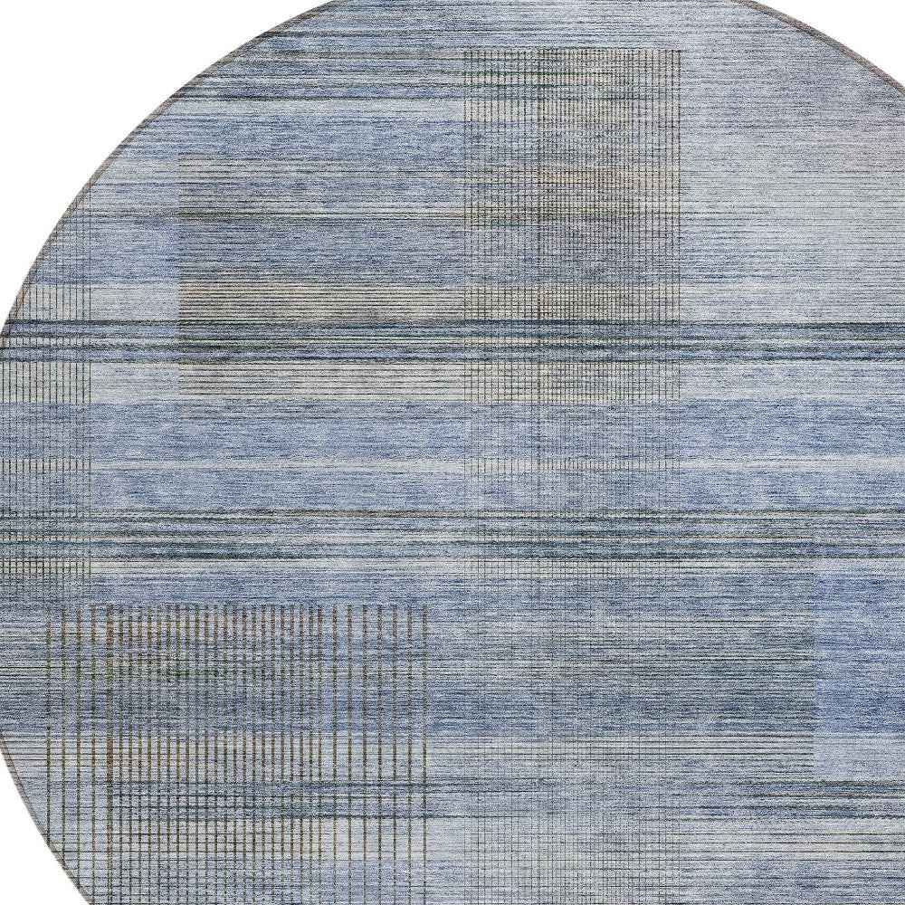 8' Denim Blue And Sky Blue Round Striped Washable Indoor Outdoor Area Rug