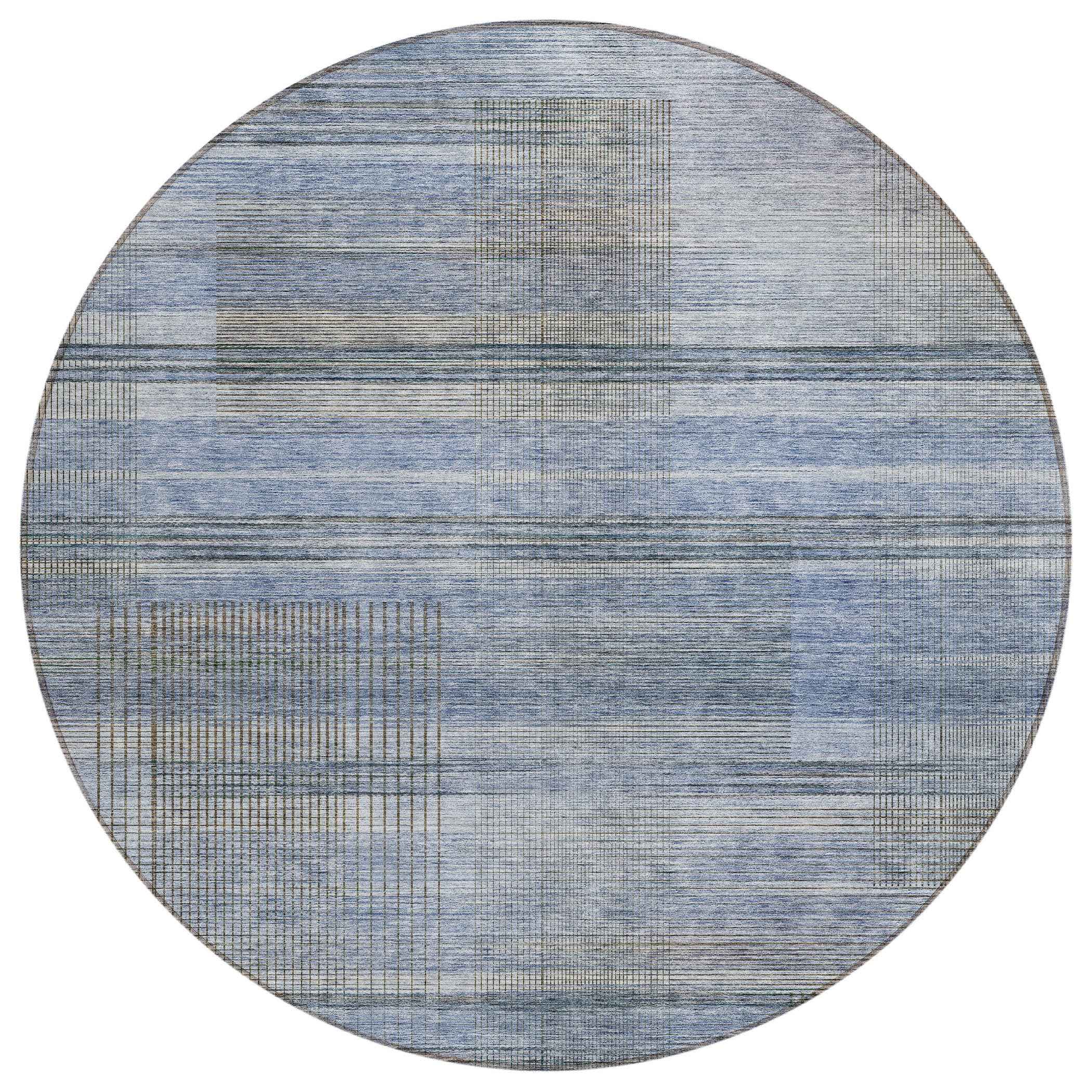 8' Denim Blue And Sky Blue Round Striped Washable Indoor Outdoor Area Rug