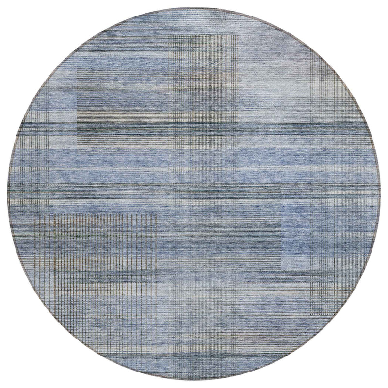 8' Denim Blue And Sky Blue Round Striped Washable Indoor Outdoor Area Rug