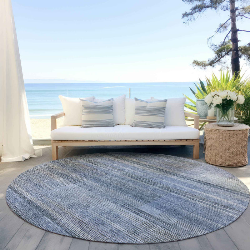 8' Denim Blue And Sky Blue Round Striped Washable Indoor Outdoor Area Rug