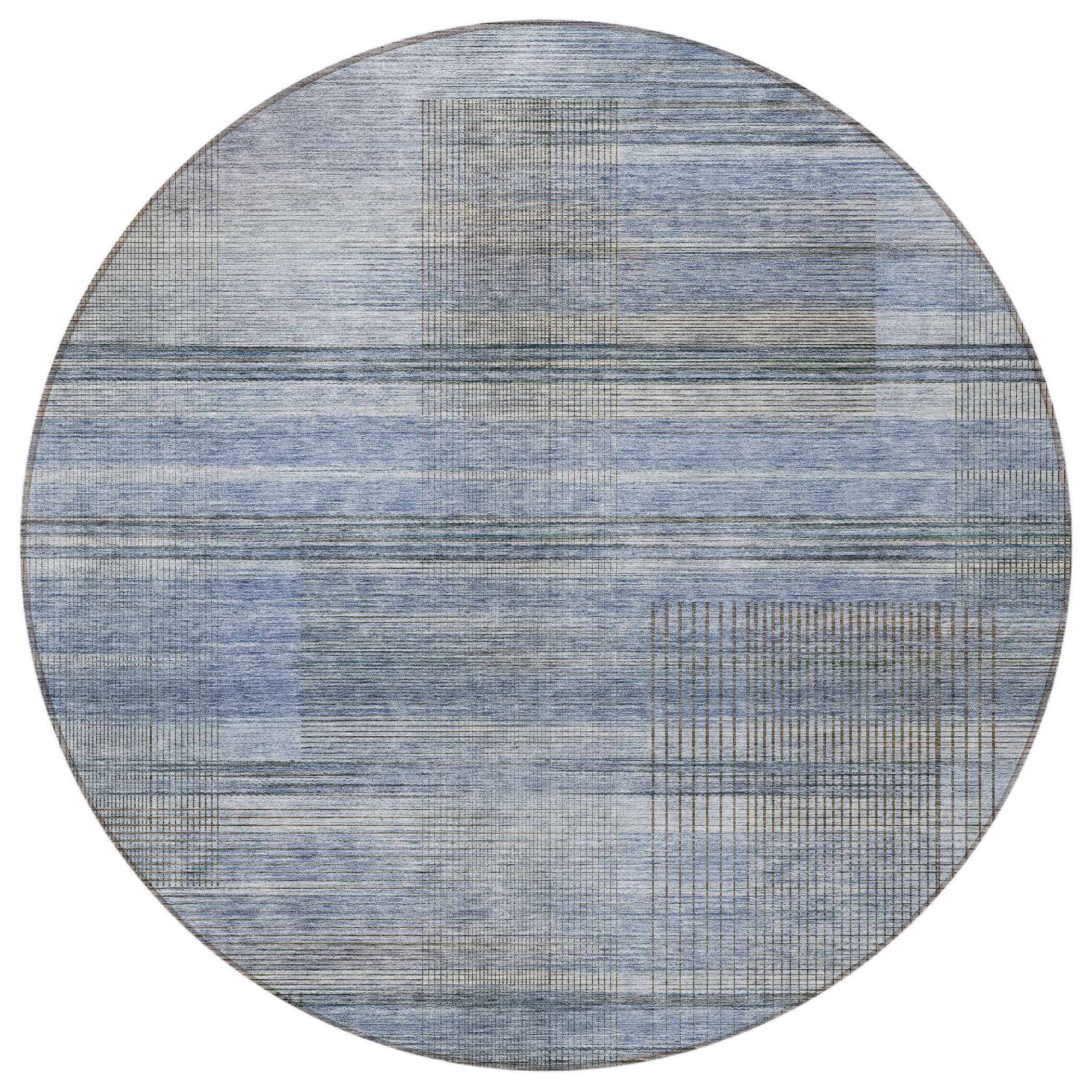 8' Denim Blue And Sky Blue Round Striped Washable Indoor Outdoor Area Rug