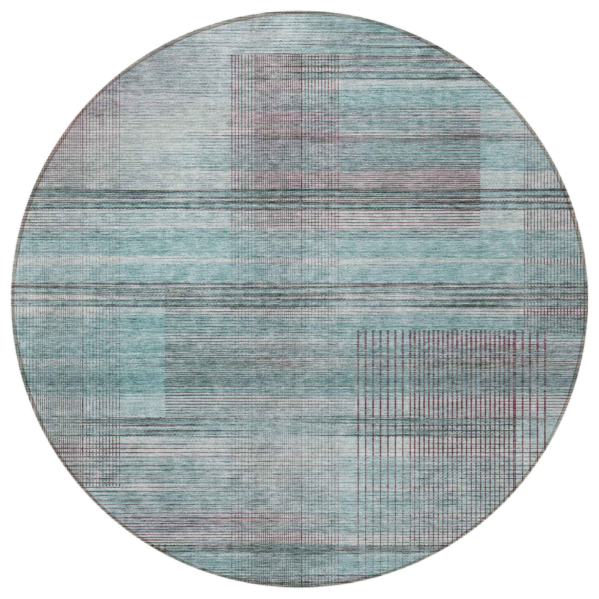 8' Teal Blue Gray And Charcoal Round Striped Washable Indoor Outdoor Area Rug