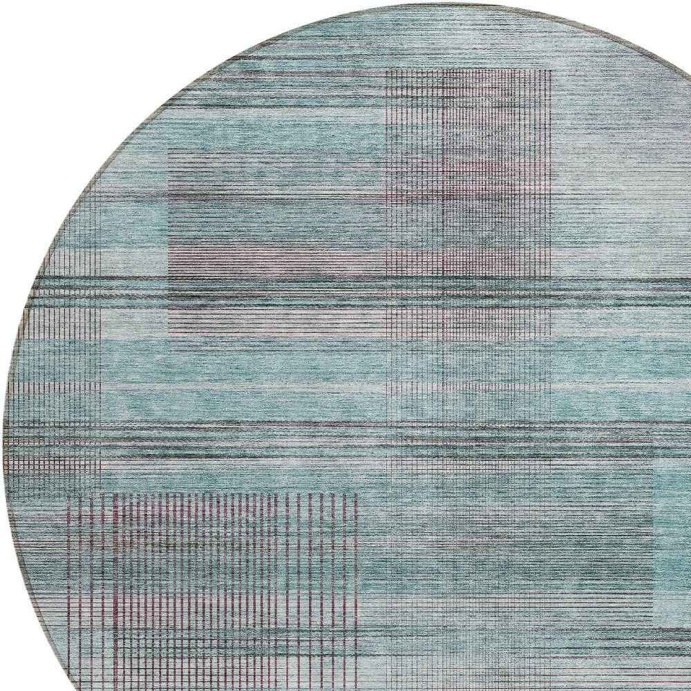 8' Teal Blue Gray And Charcoal Round Striped Washable Indoor Outdoor Area Rug