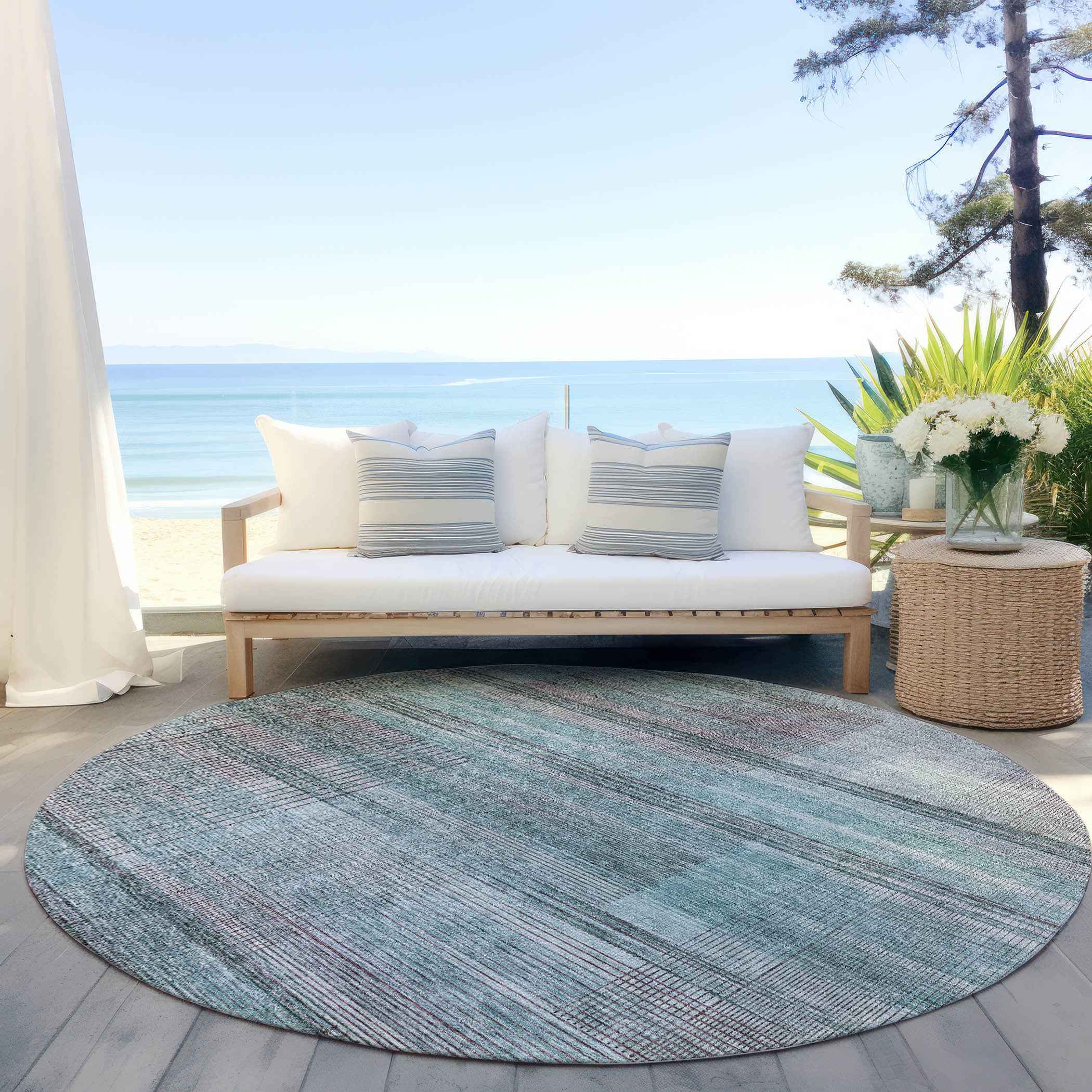 8' Teal Blue Gray And Charcoal Round Striped Washable Indoor Outdoor Area Rug