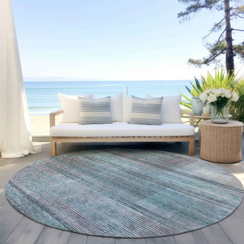 8' Teal Blue Gray And Charcoal Round Striped Washable Indoor Outdoor Area Rug