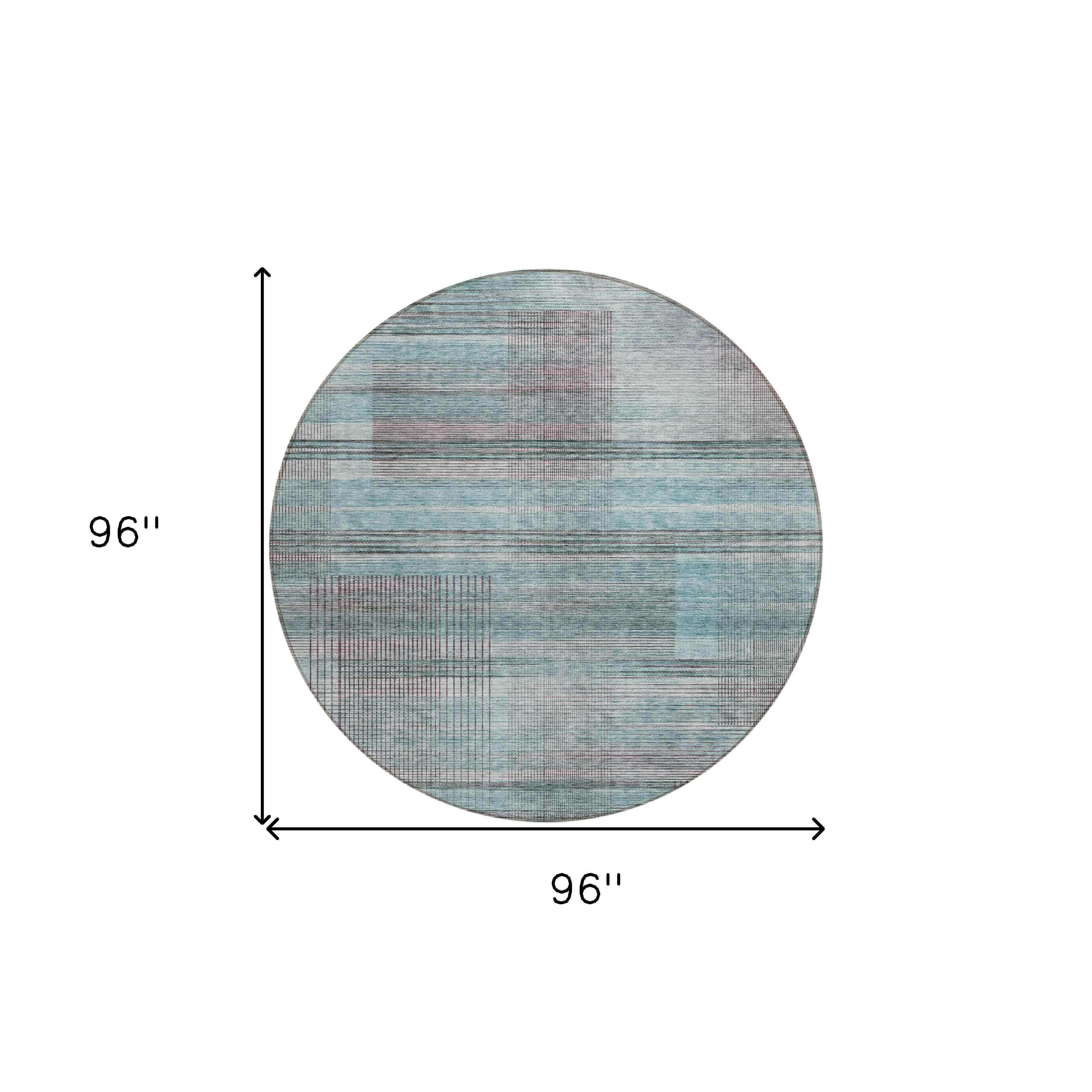 8' Teal Blue Gray And Charcoal Round Striped Washable Indoor Outdoor Area Rug