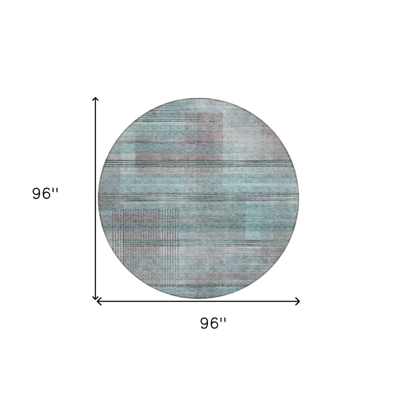 8' Teal Blue Gray And Charcoal Round Striped Washable Indoor Outdoor Area Rug