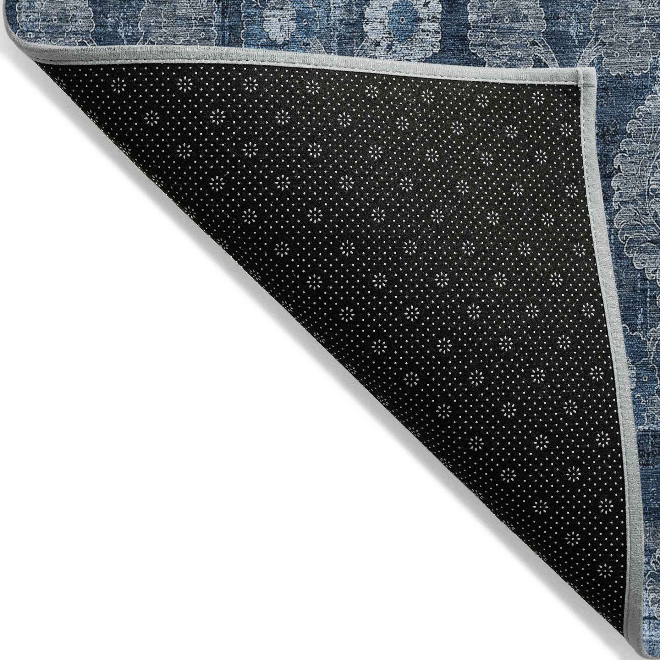 5' X 8' Navy Blue And Denim Blue Damask Washable Indoor Outdoor Area Rug