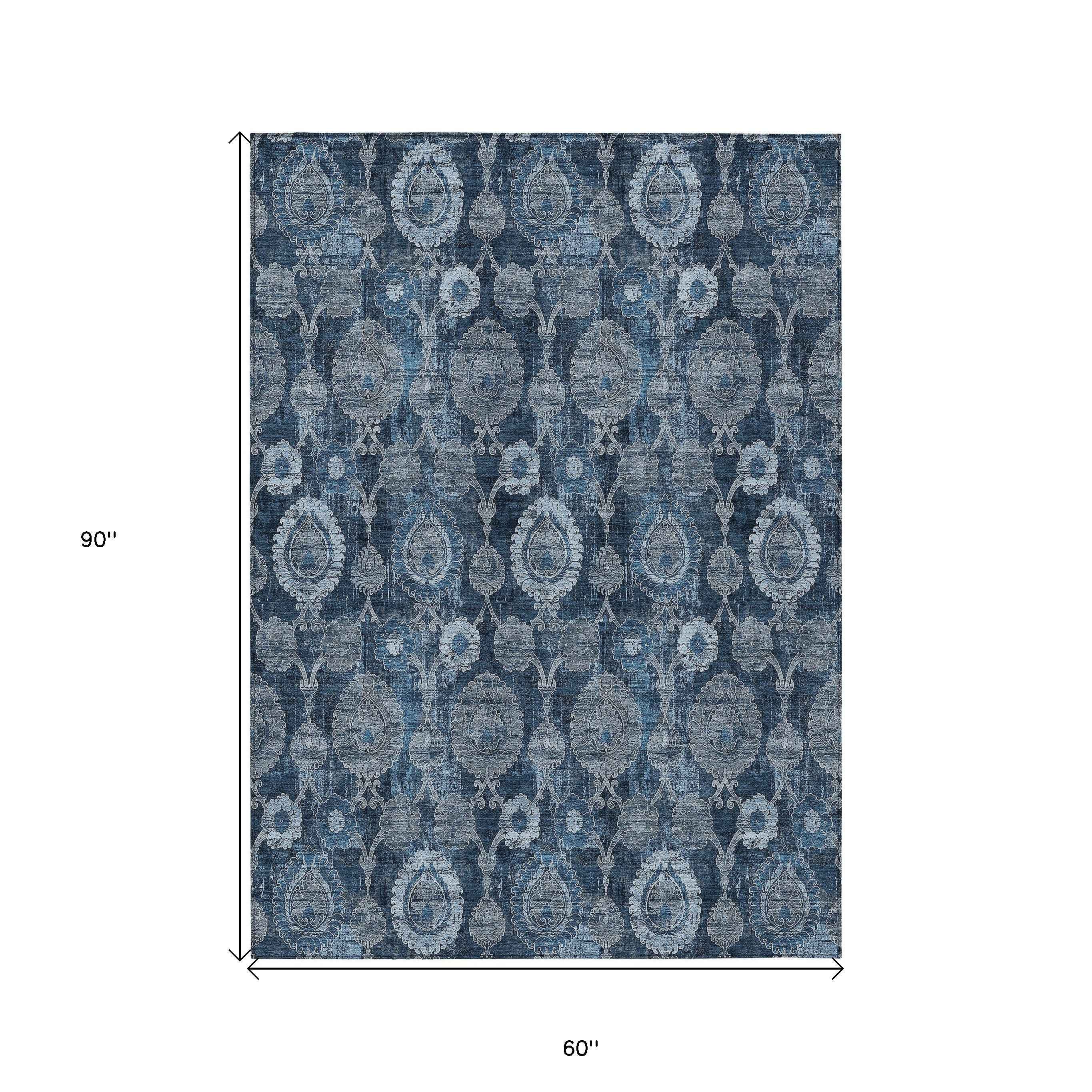 5' X 8' Navy Blue And Denim Blue Damask Washable Indoor Outdoor Area Rug