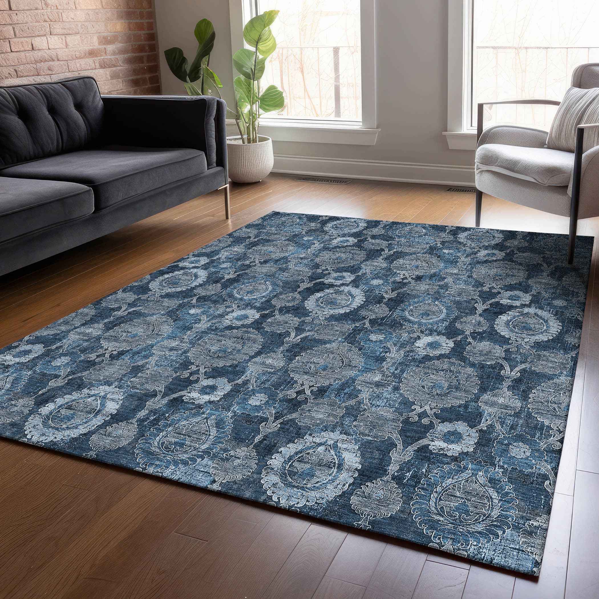 5' X 8' Navy Blue And Denim Blue Damask Washable Indoor Outdoor Area Rug